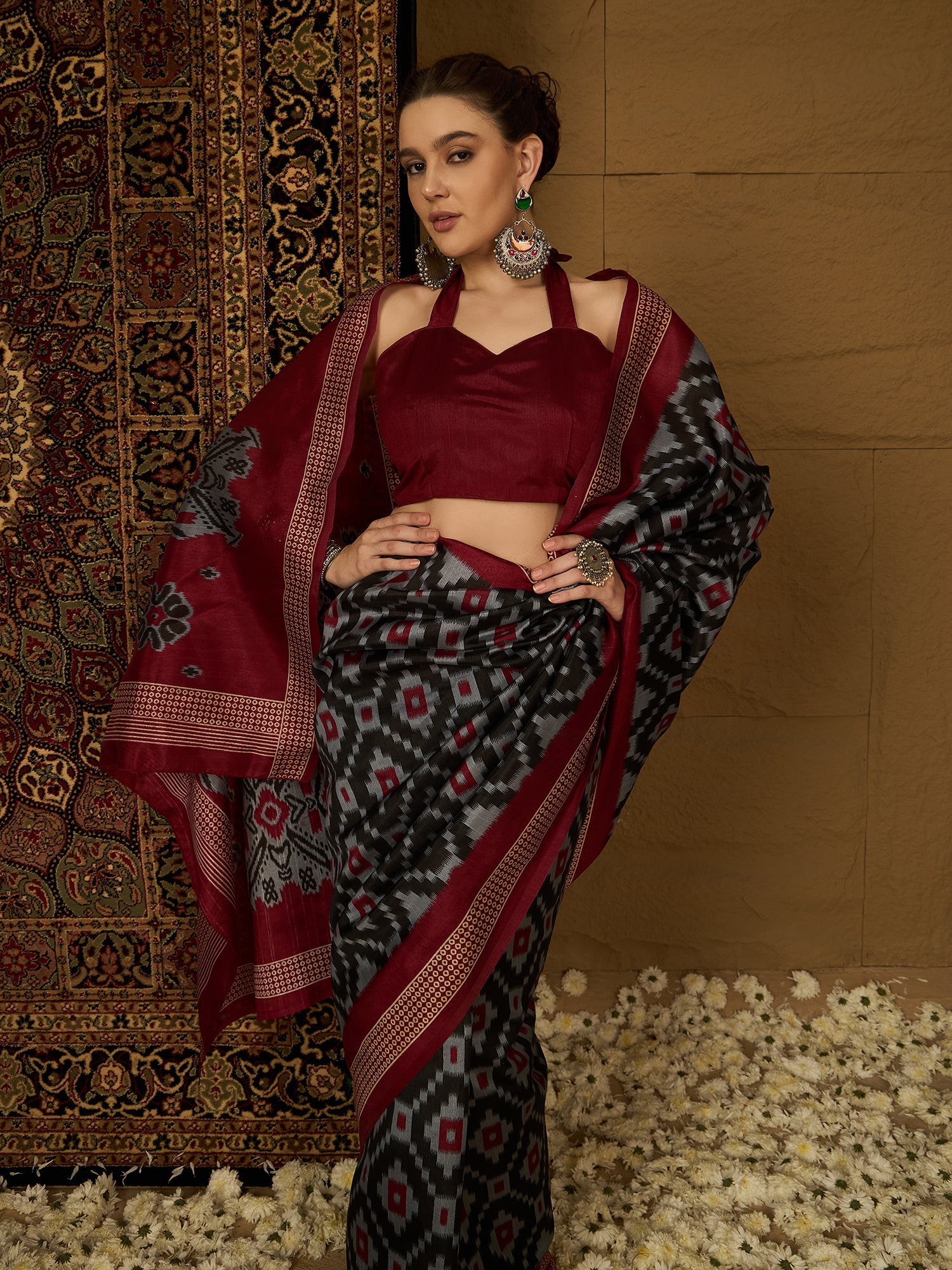Black & Maroon Ikkat Print Saree - Ressa