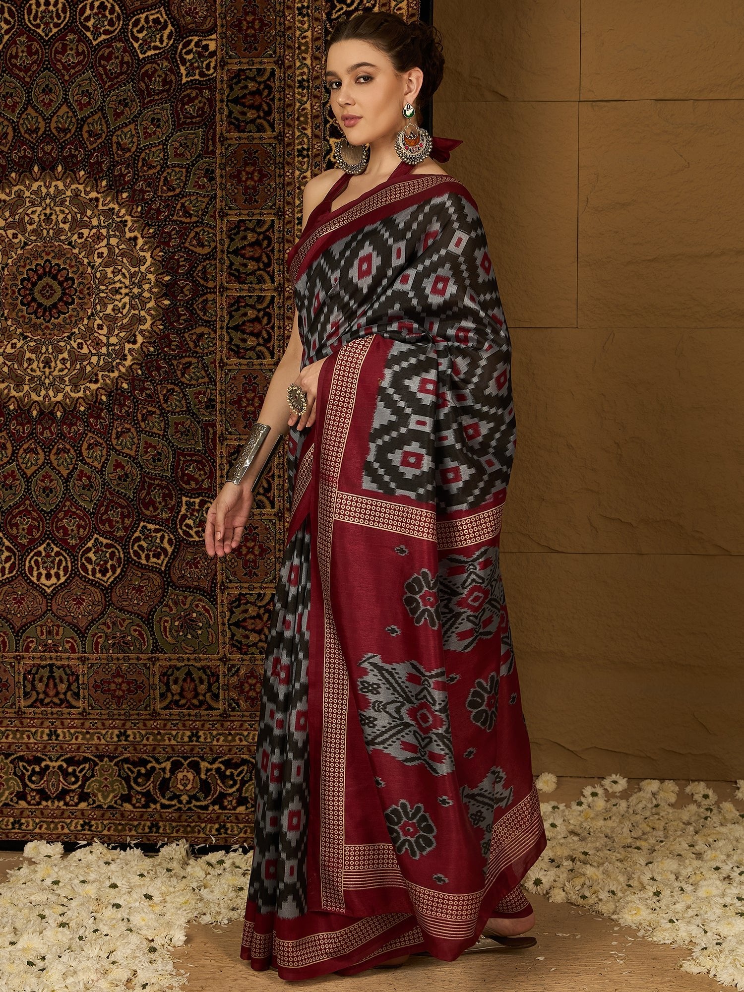Black & Maroon Ikkat Print Saree - Ressa