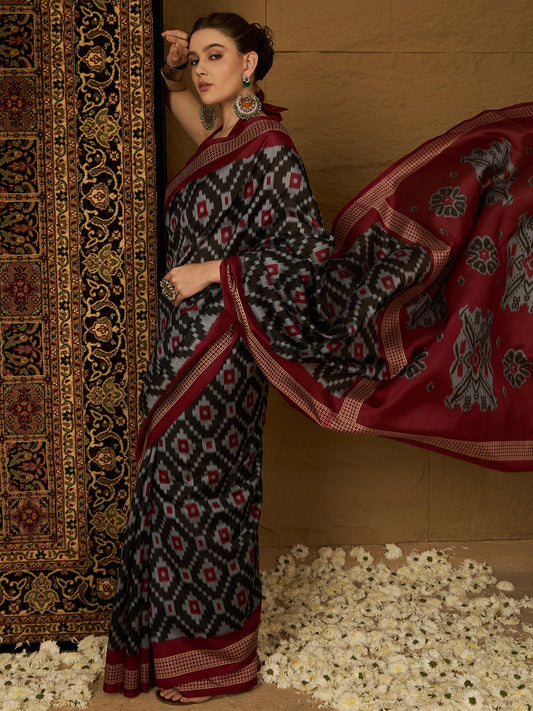 Black & Maroon Ikkat Print Saree - Ressa