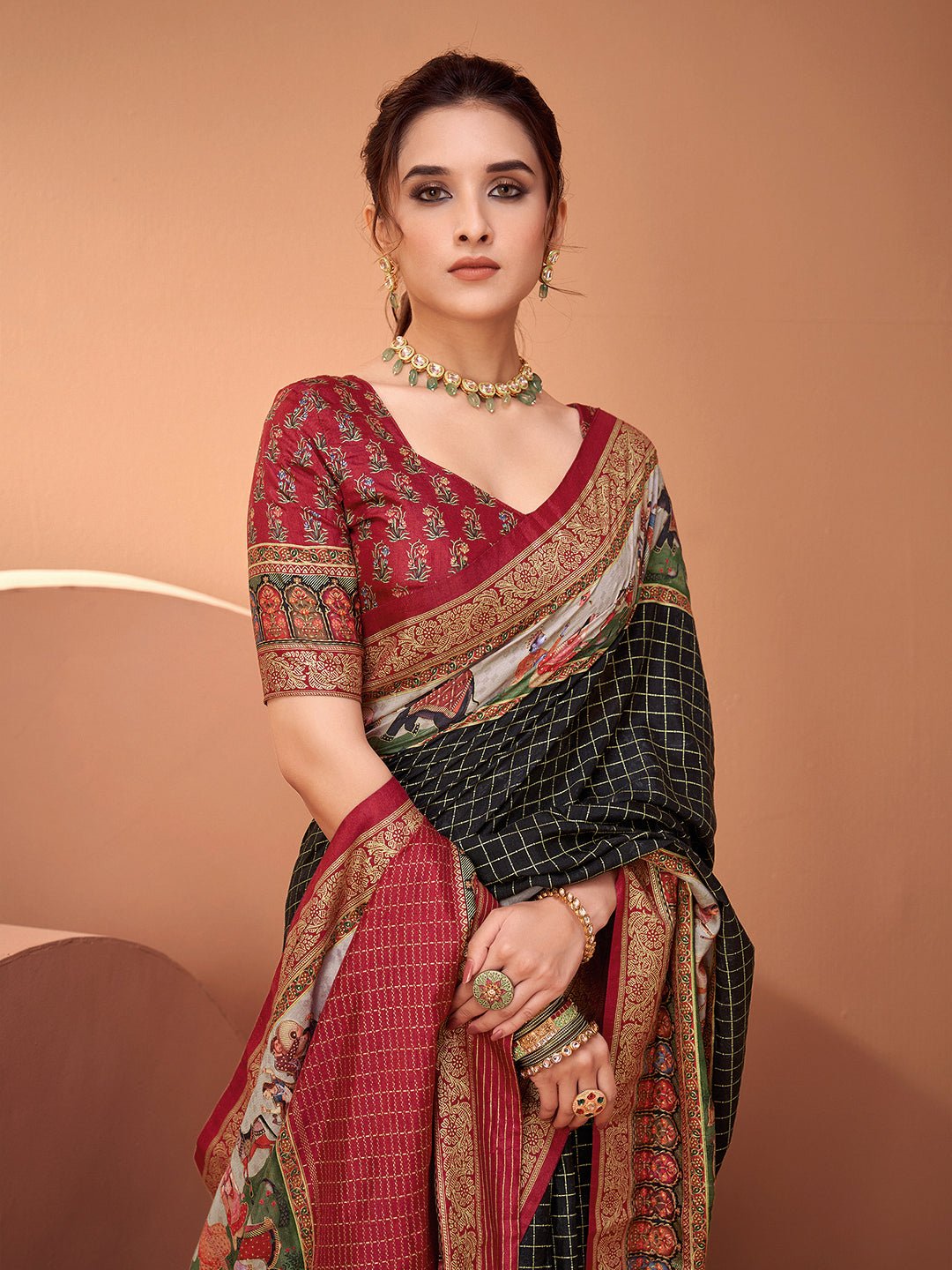 Black Maroon Silk Blend Patola Inspired Weaving Zari Border Blouse Saree - Ressa