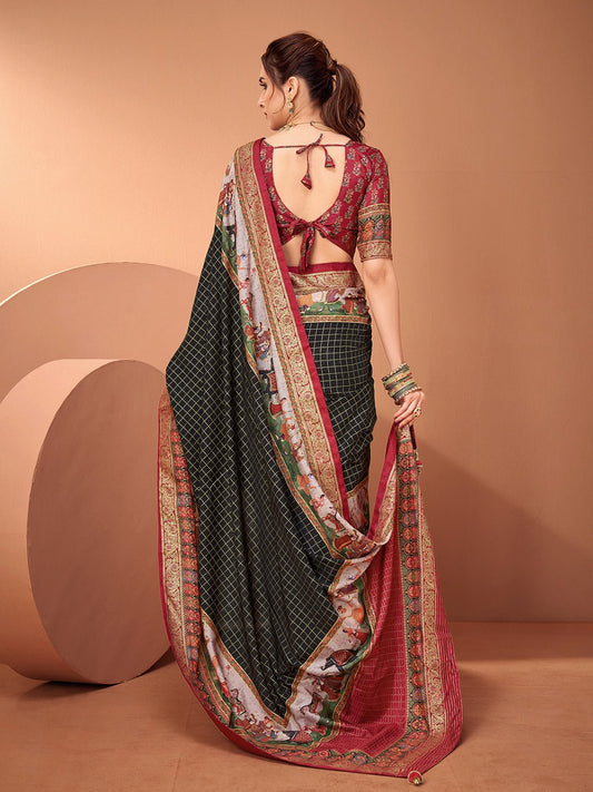 Black Maroon Silk Blend Patola Inspired Weaving Zari Border Blouse Saree - Ressa