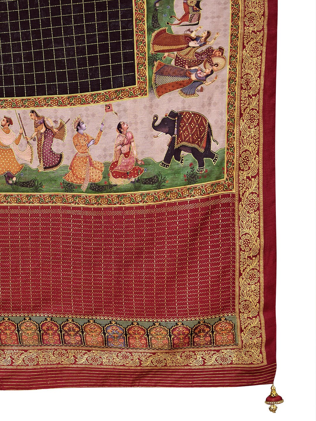 Black Maroon Silk Blend Patola Inspired Weaving Zari Border Blouse Saree - Ressa