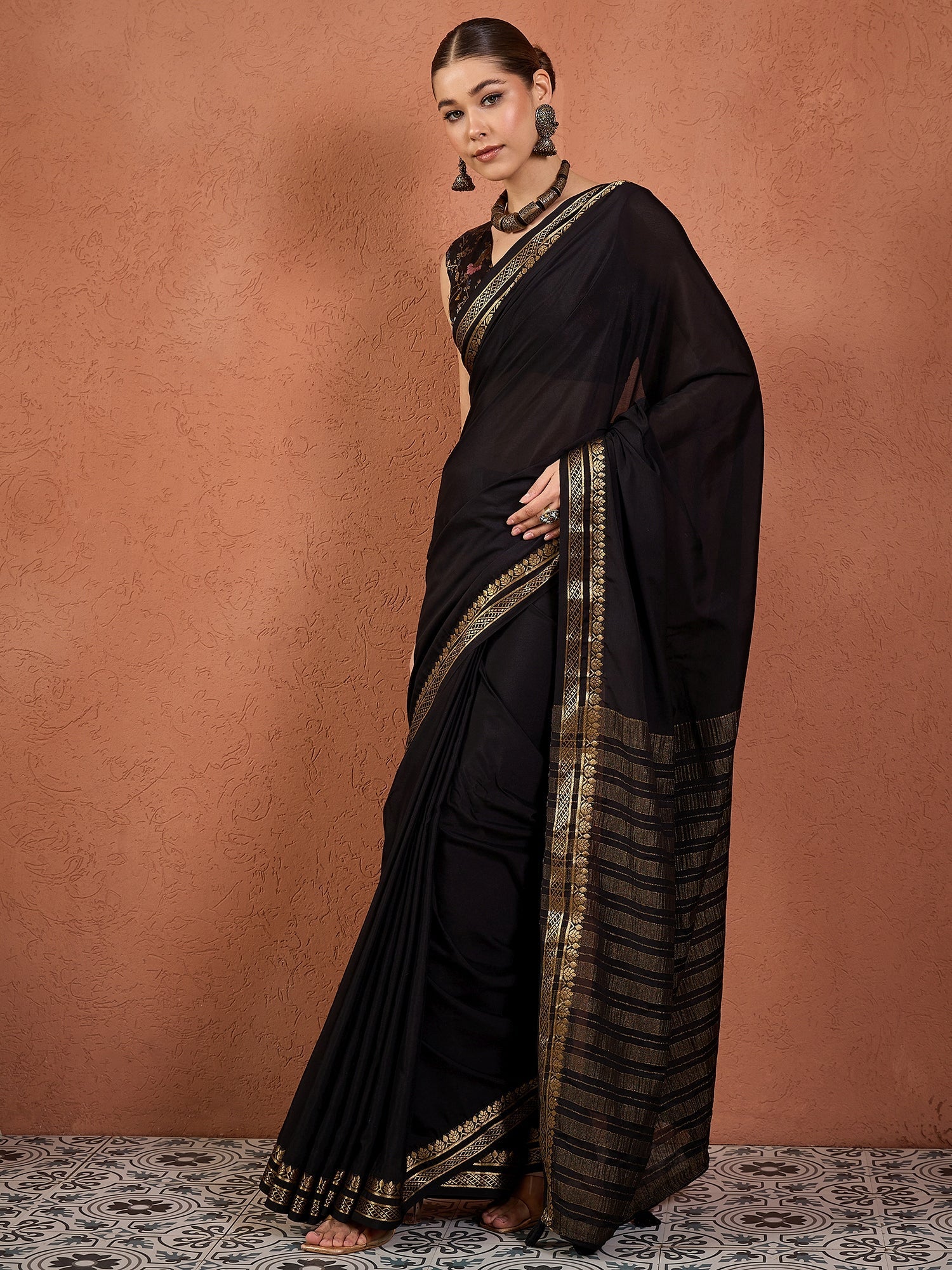 Black Mysore Silk Saree with Zari Border - Ressa