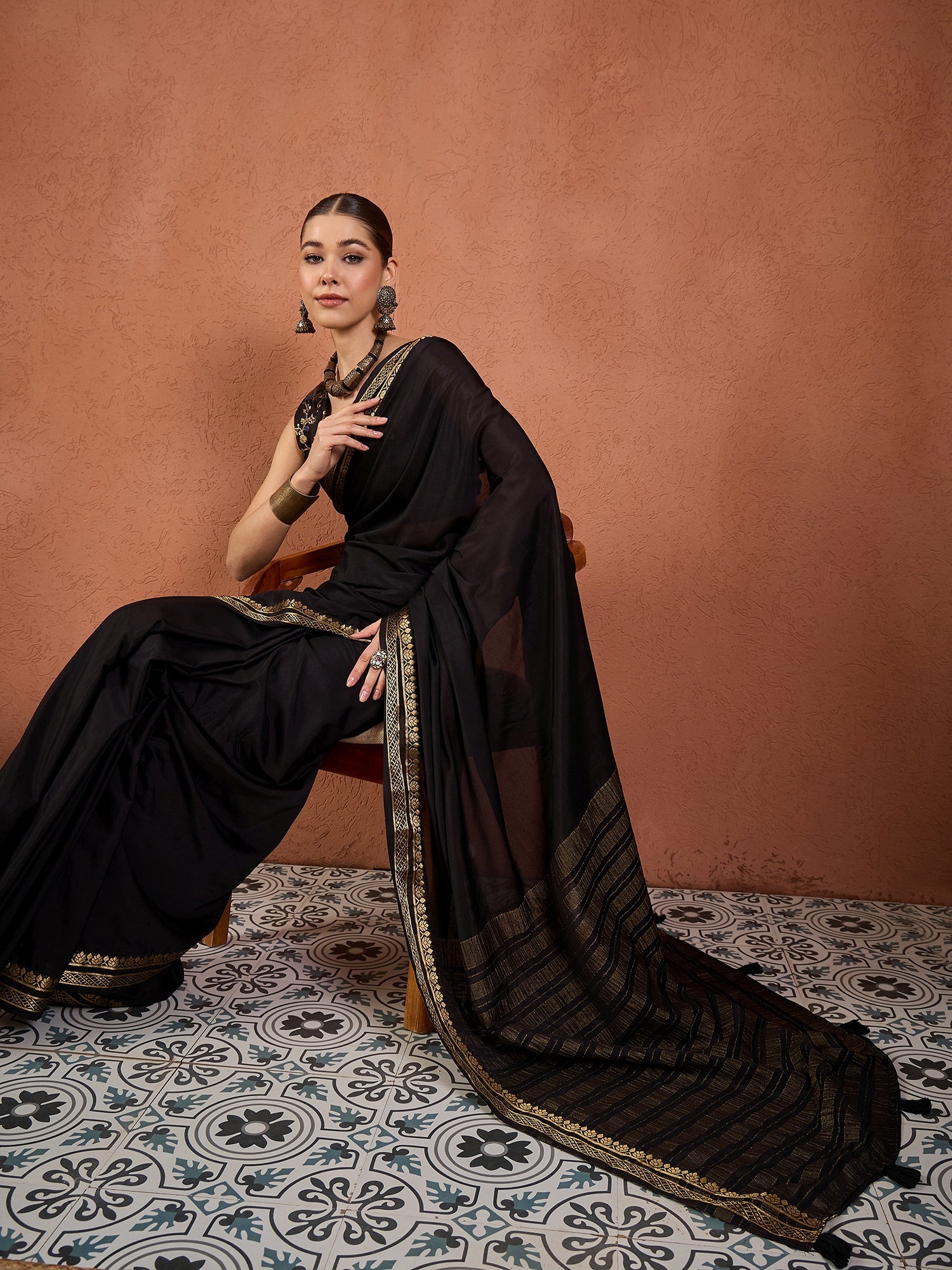Black Mysore Silk Saree with Zari Border - Ressa