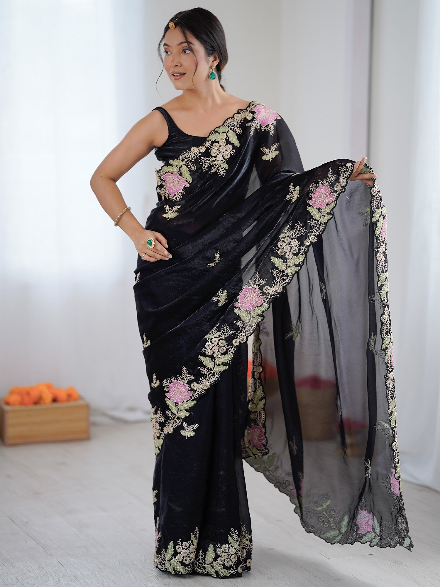 Black Organza Saree with Pink Floral Cutwork Scallop Border - Ressa