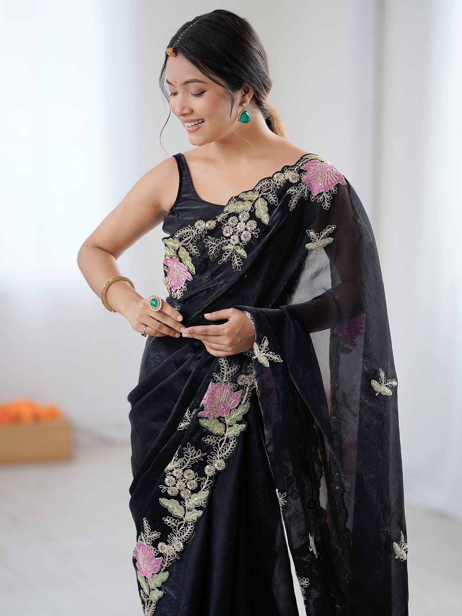 Black Organza Saree with Pink Floral Cutwork Scallop Border - Ressa