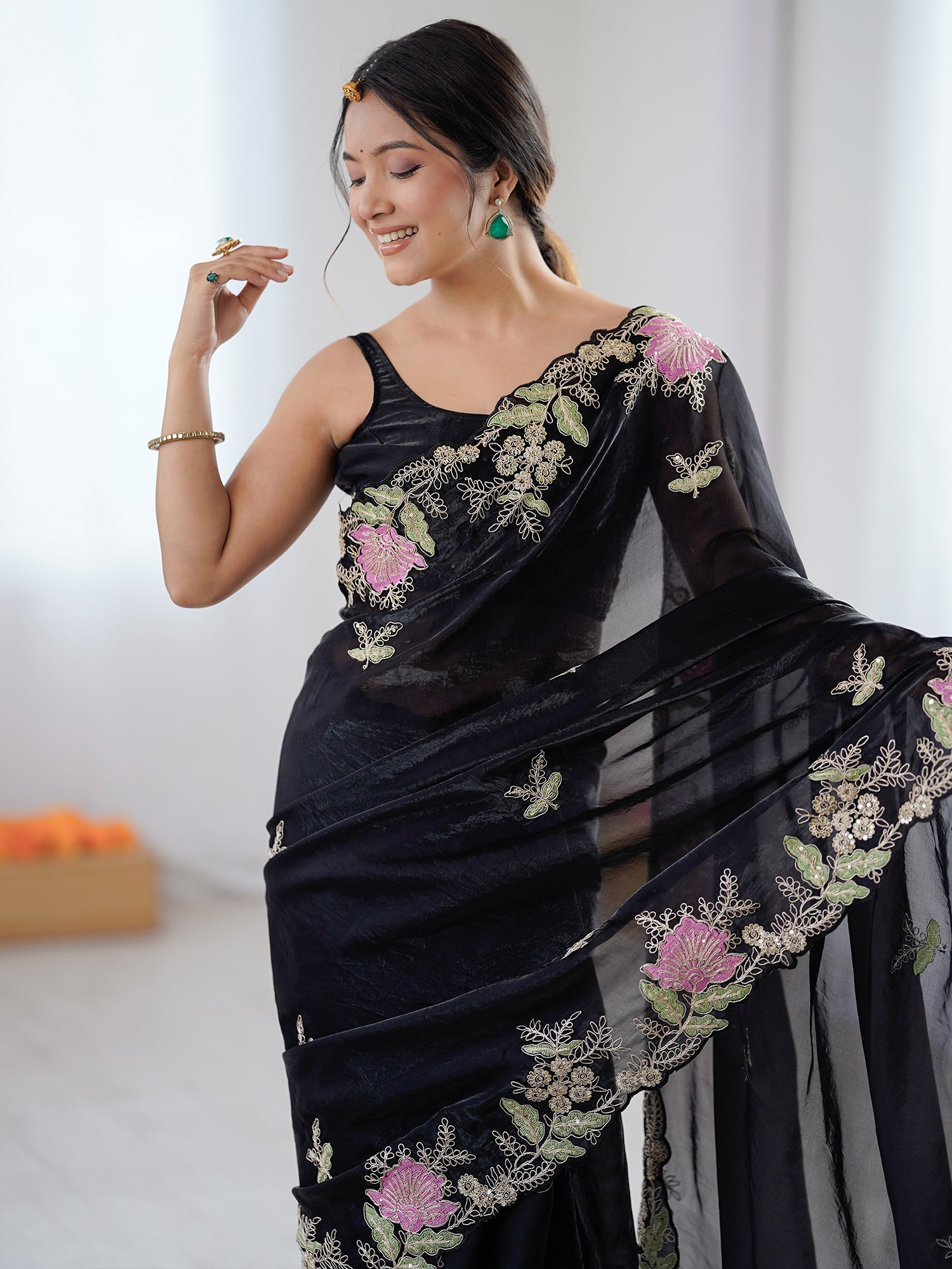 Black Organza Saree with Pink Floral Cutwork Scallop Border - Ressa