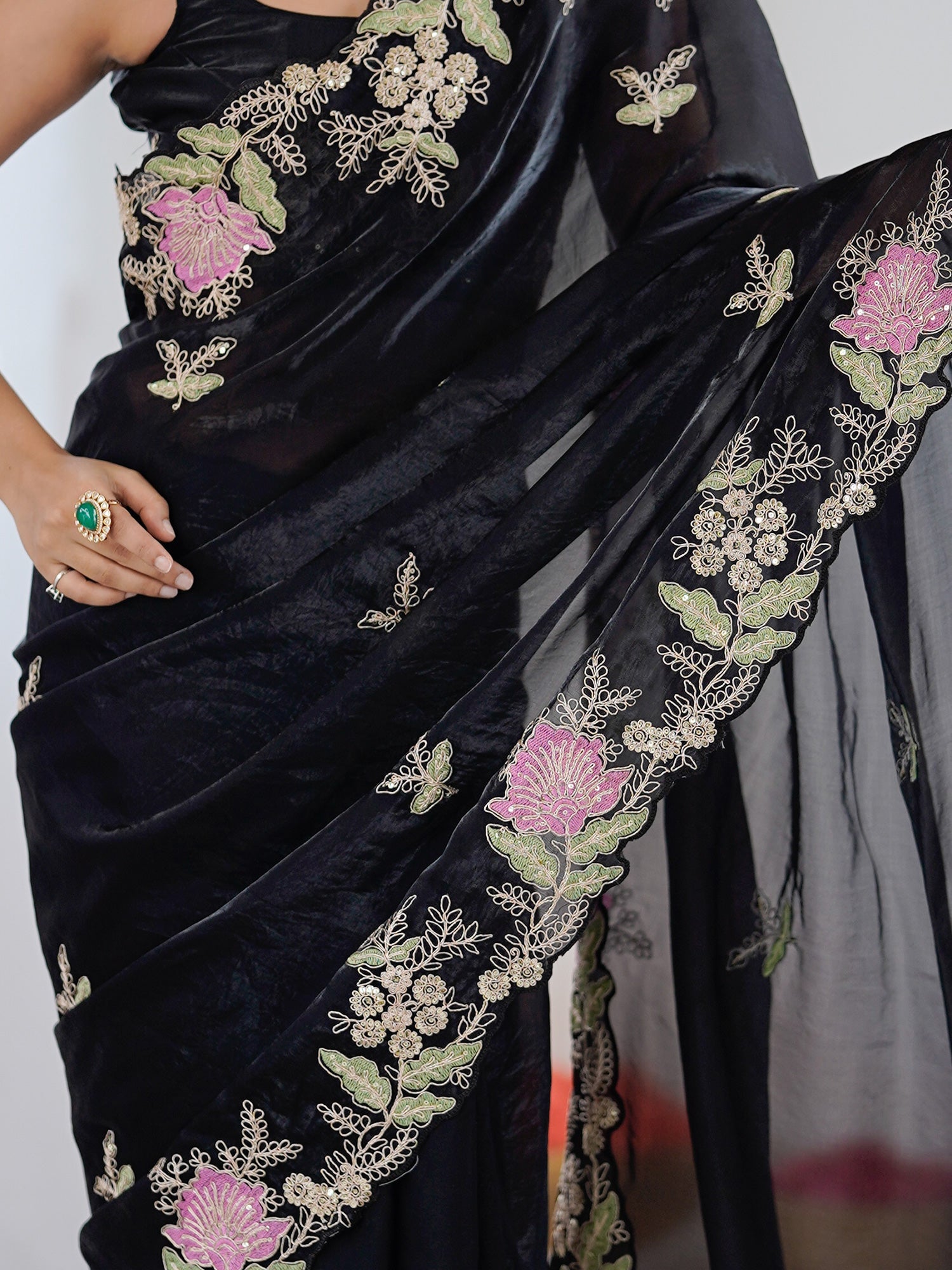 Black Organza Saree with Pink Floral Cutwork Scallop Border - Ressa