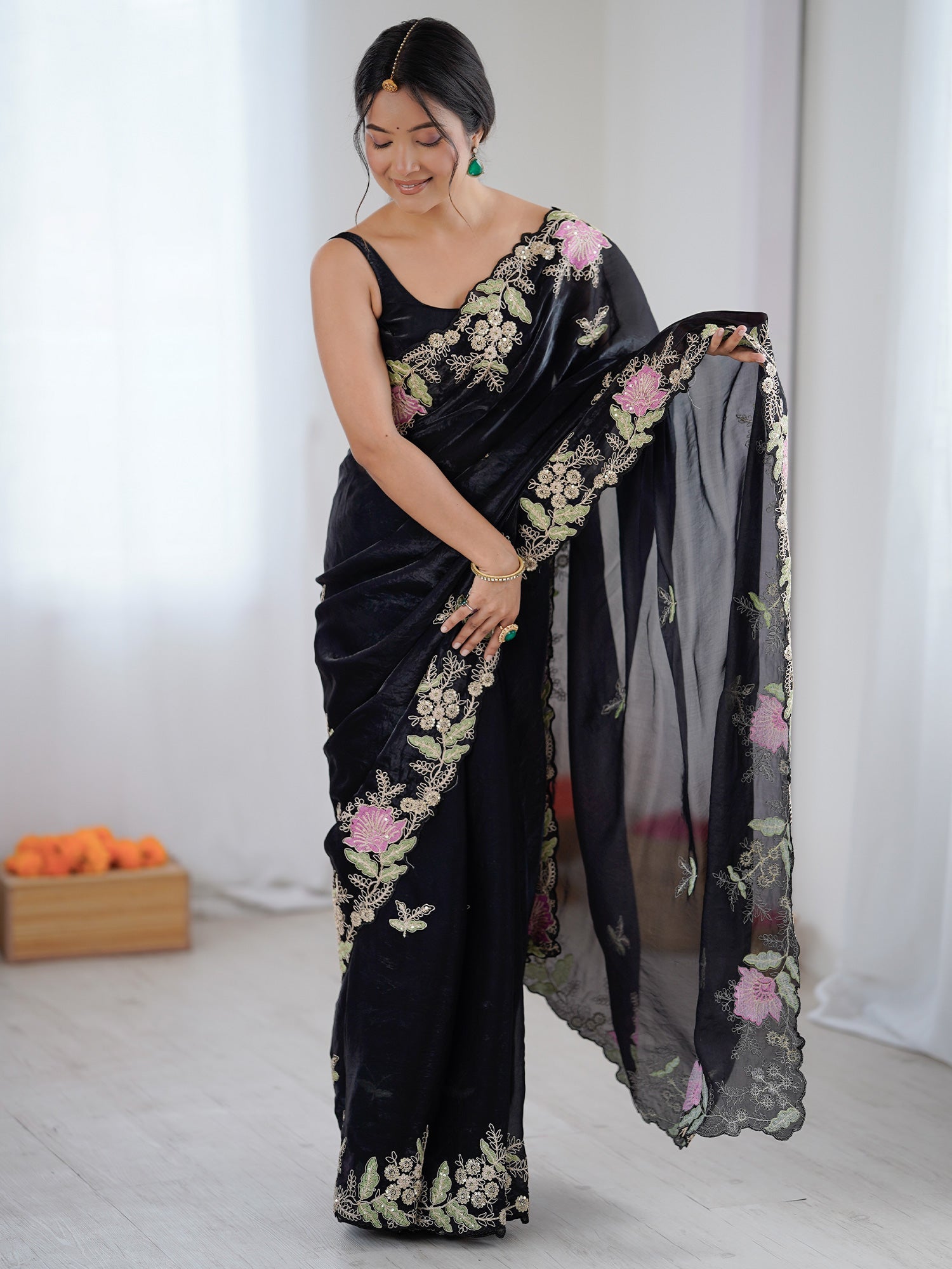 Black Organza Saree with Pink Floral Cutwork Scallop Border - Ressa