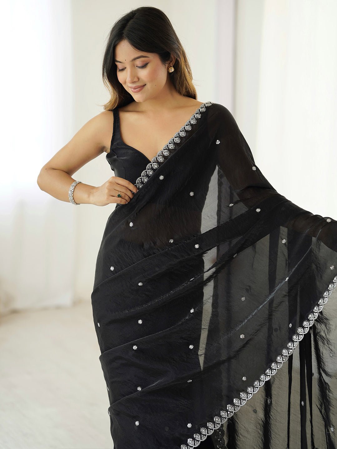 Black Paper Silk Emblished Party Wear saree - Ressa