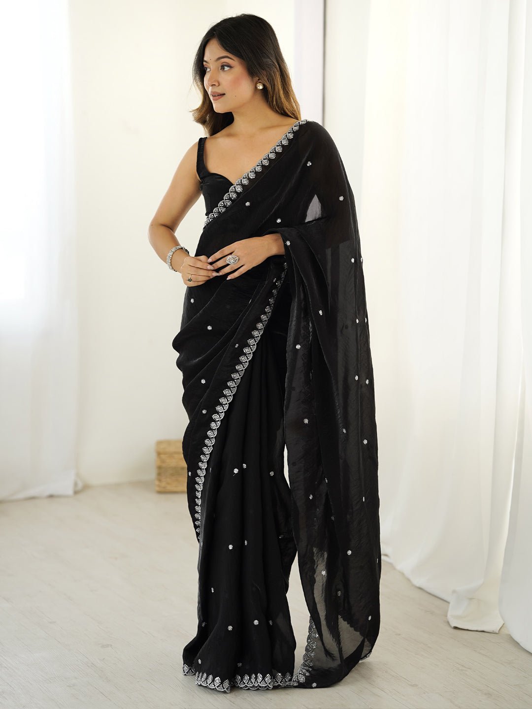 Black Paper Silk Emblished Party Wear saree - Ressa