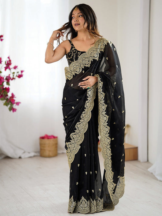Black Polyester Embroidered Border Saree - Ressa