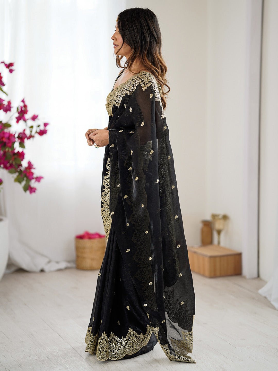 Black Polyester Embroidered Border Saree - Ressa