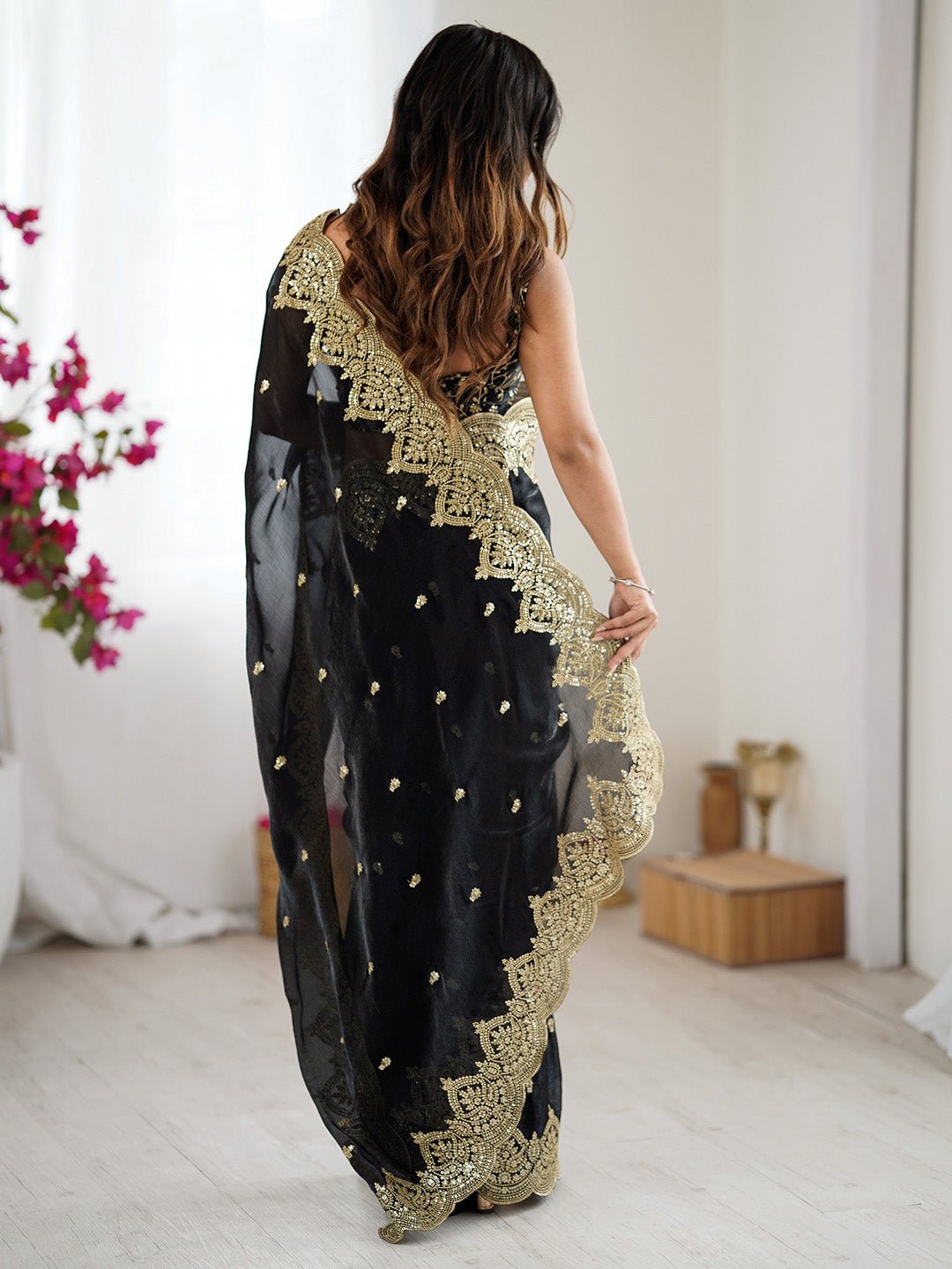 Black Polyester Embroidered Border Saree - Ressa
