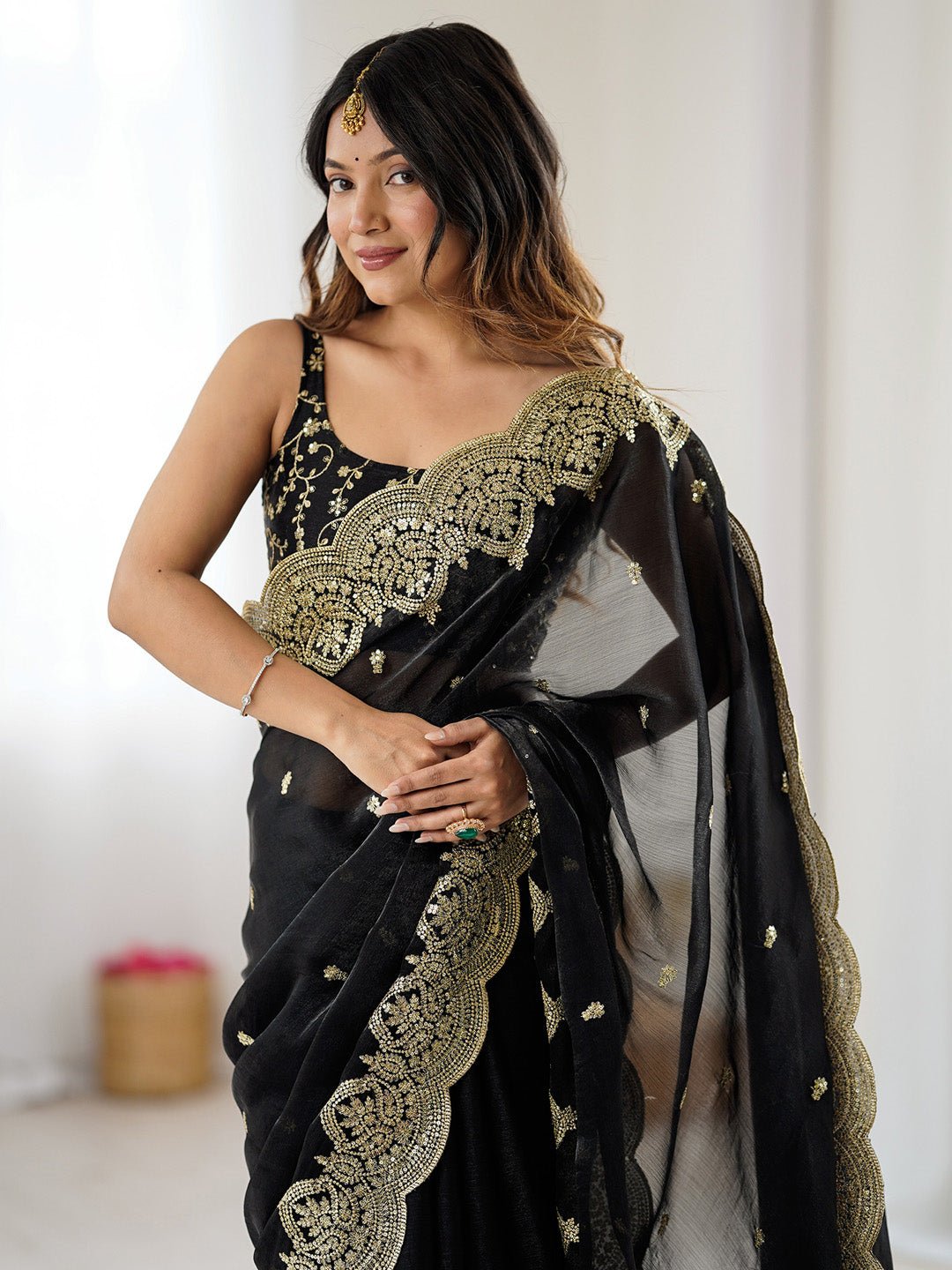 Black Polyester Embroidered Border Saree - Ressa