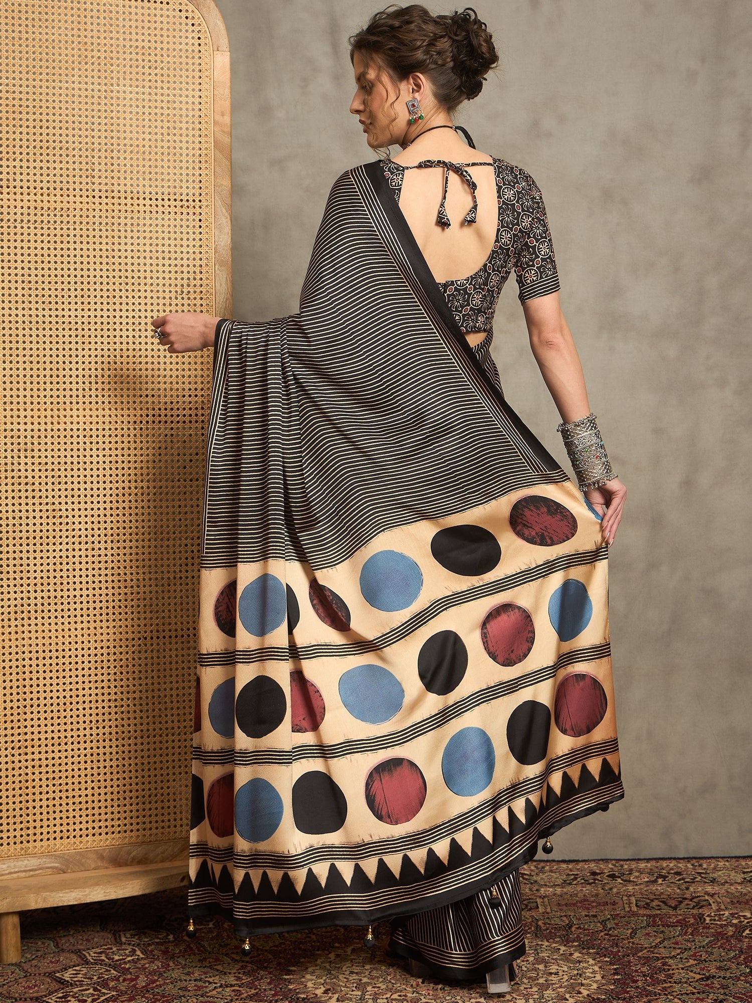 Black Printed Satin Saree - Ressa