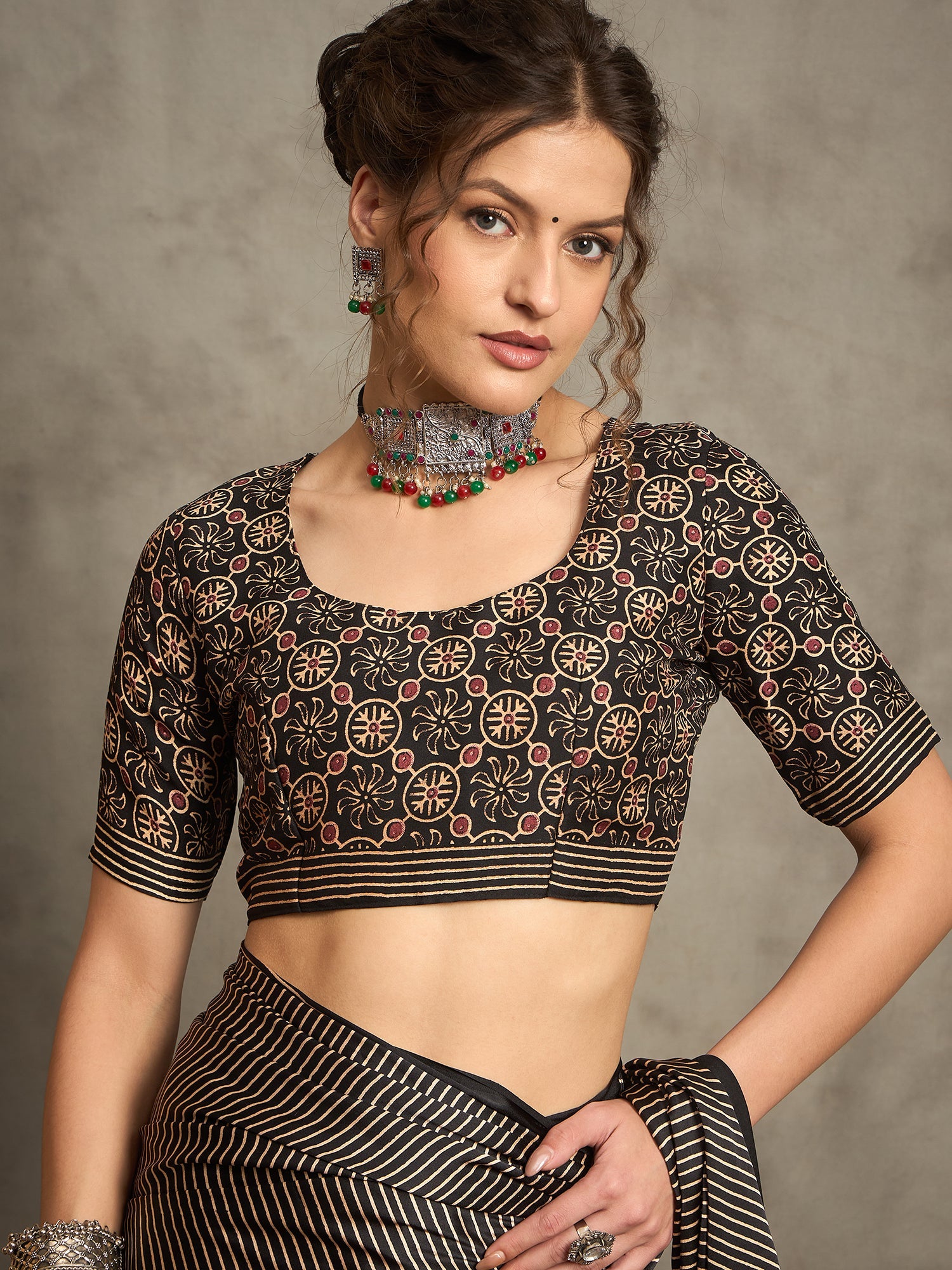Black Printed Satin Saree - Ressa