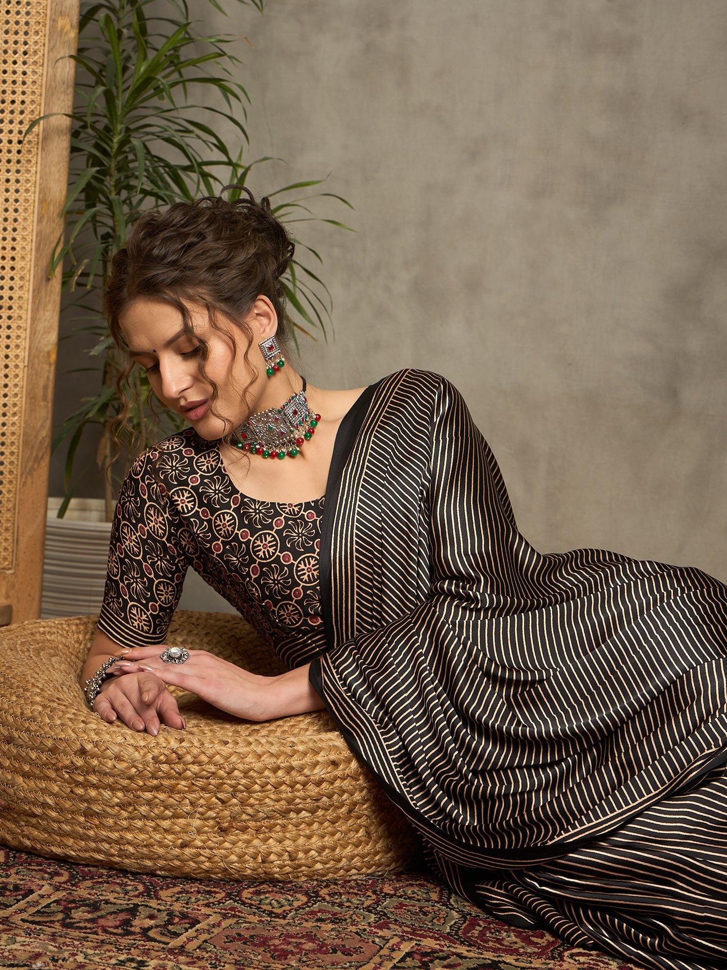 Black Printed Satin Saree - Ressa