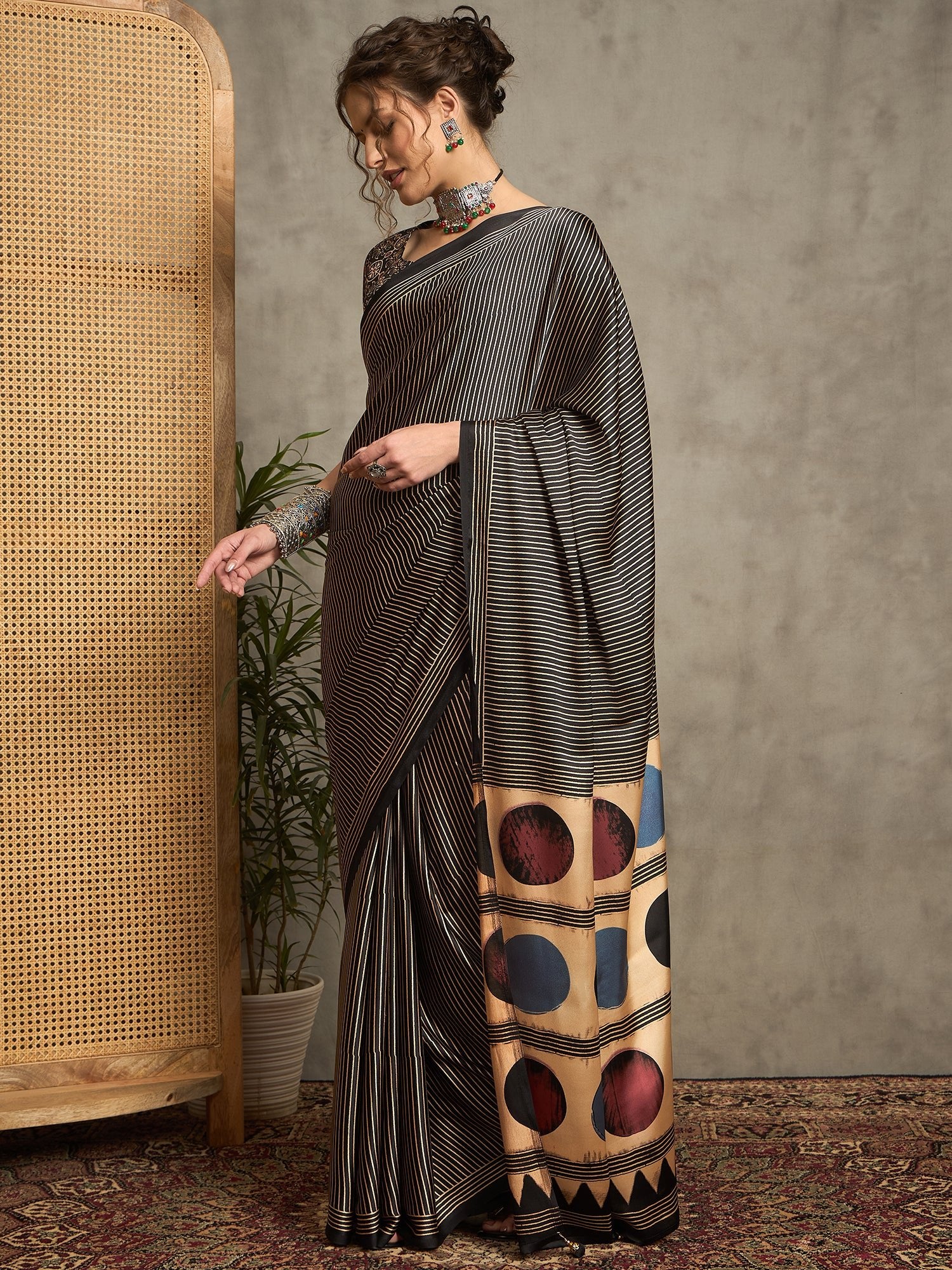 Black Printed Satin Saree - Ressa