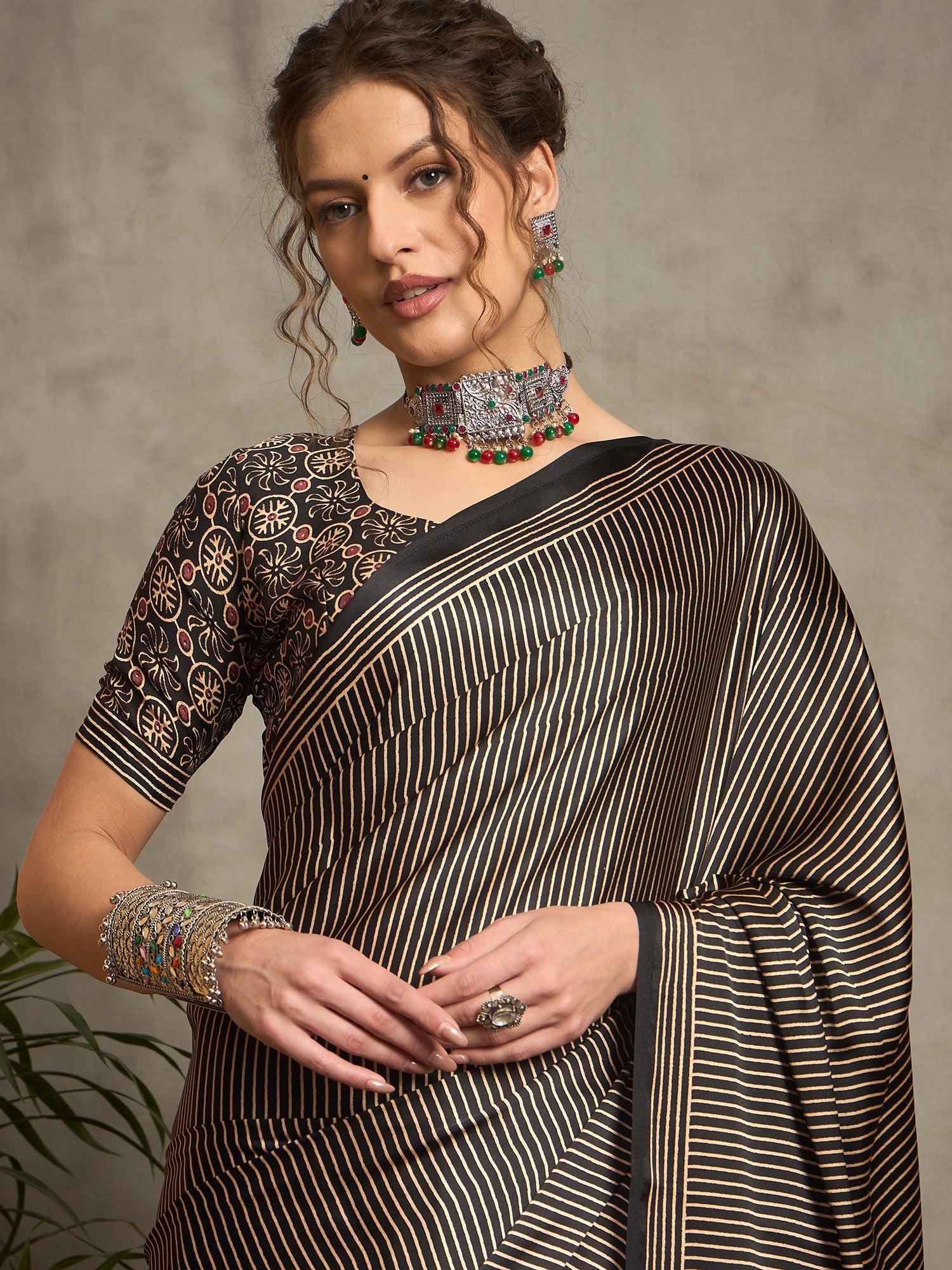 Black Printed Satin Saree - Ressa