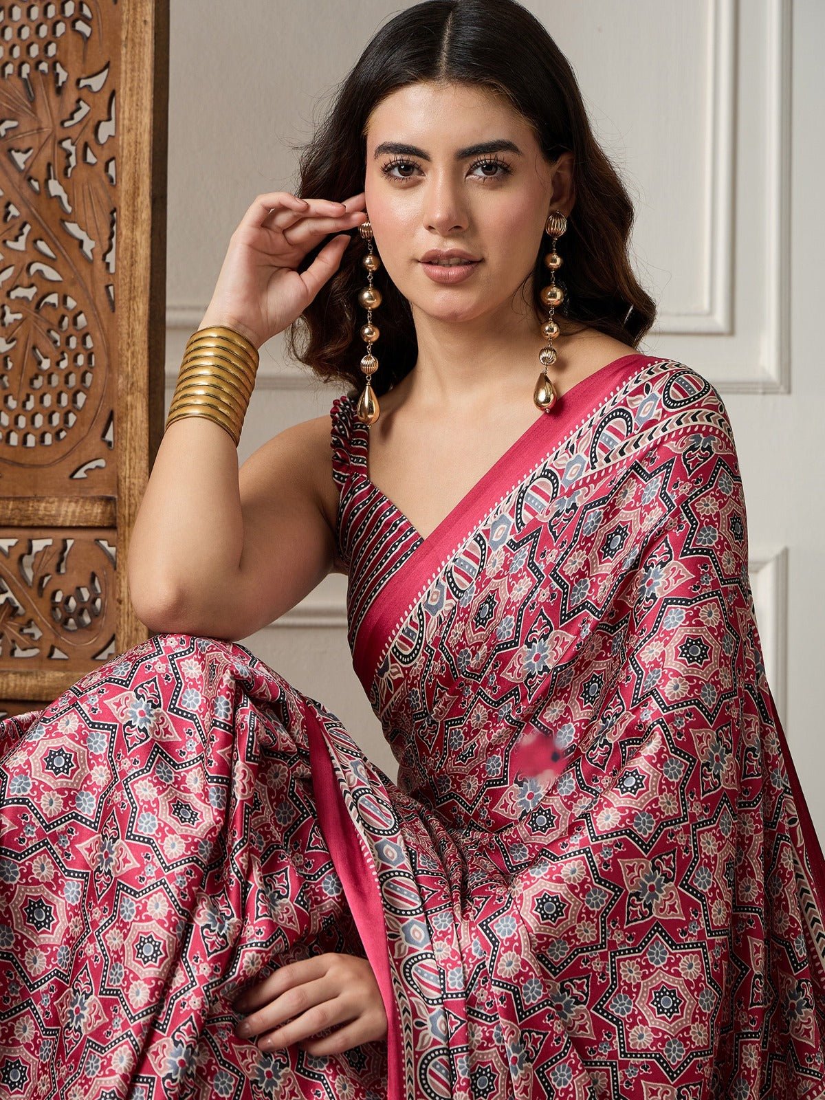Black & Red Ajrakh Fusion Saree - Ressa