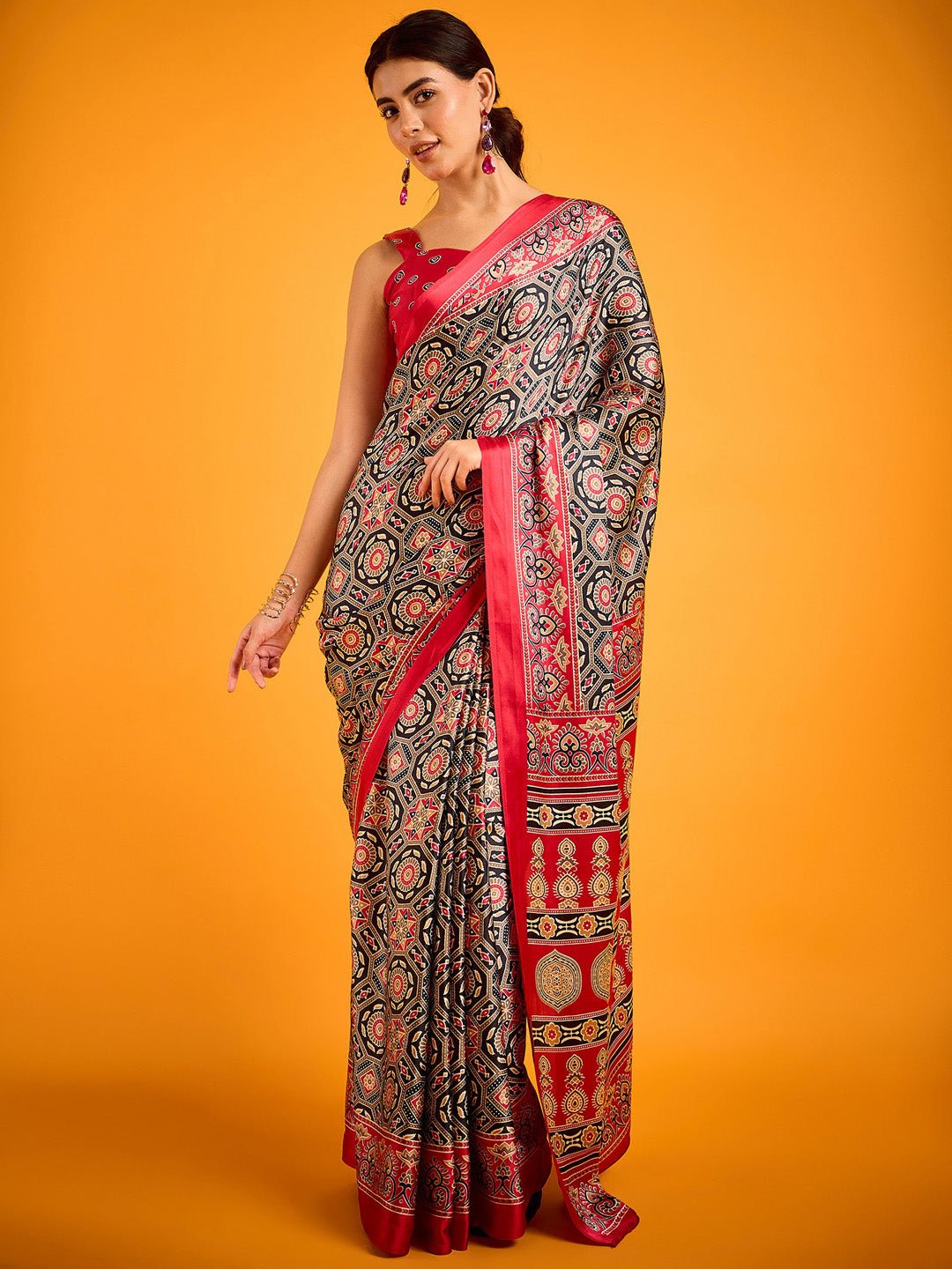 Black & Red Ajrakh Fusion Saree - Ressa