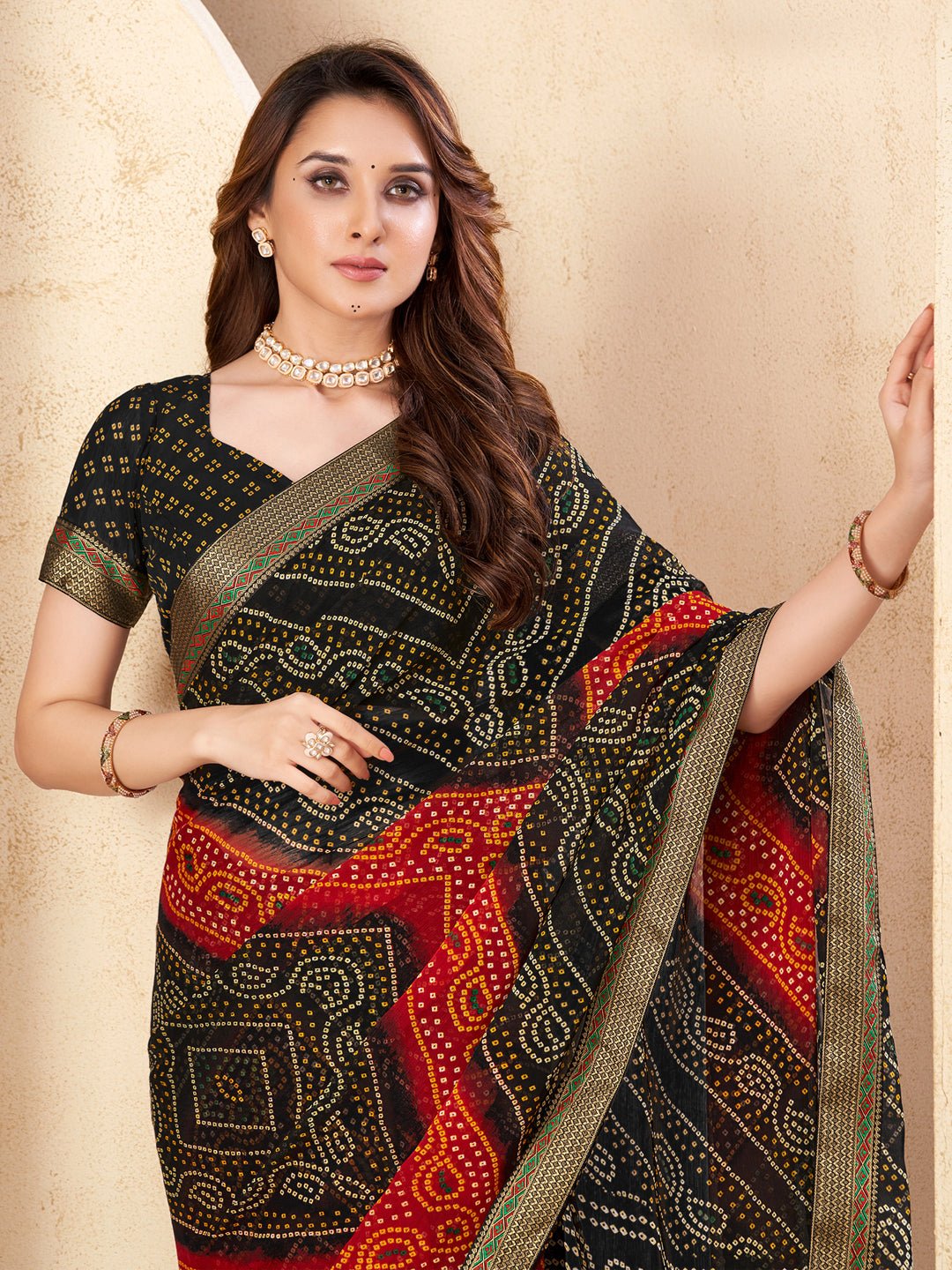 Black & Red Georgette Bandhani Saree - Ressa