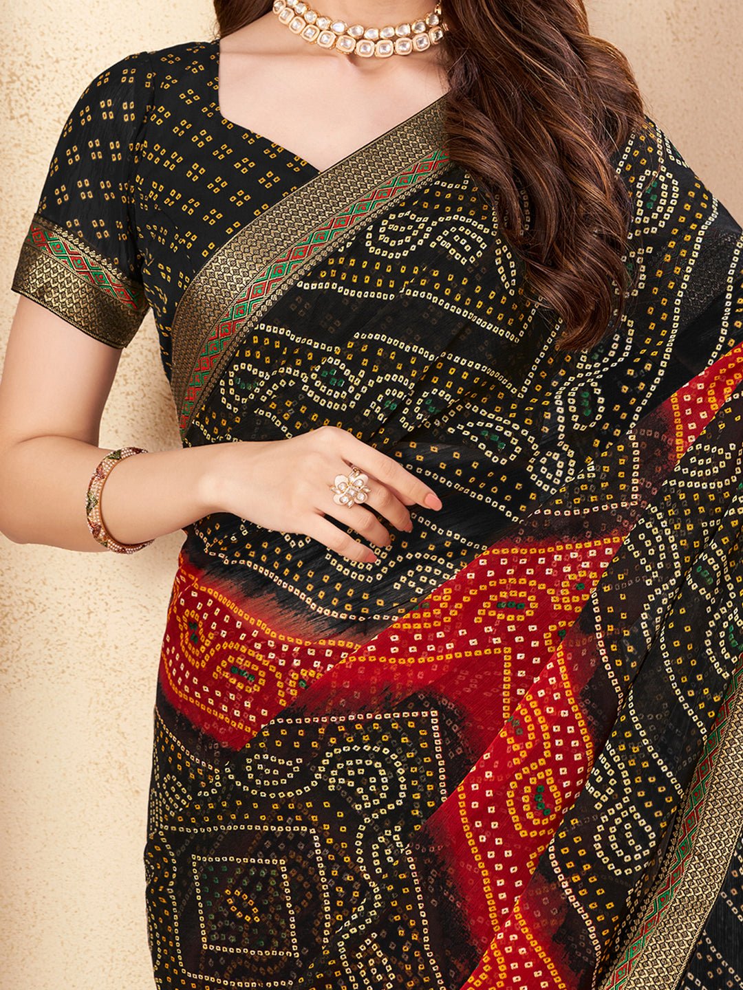 Black & Red Georgette Bandhani Saree - Ressa