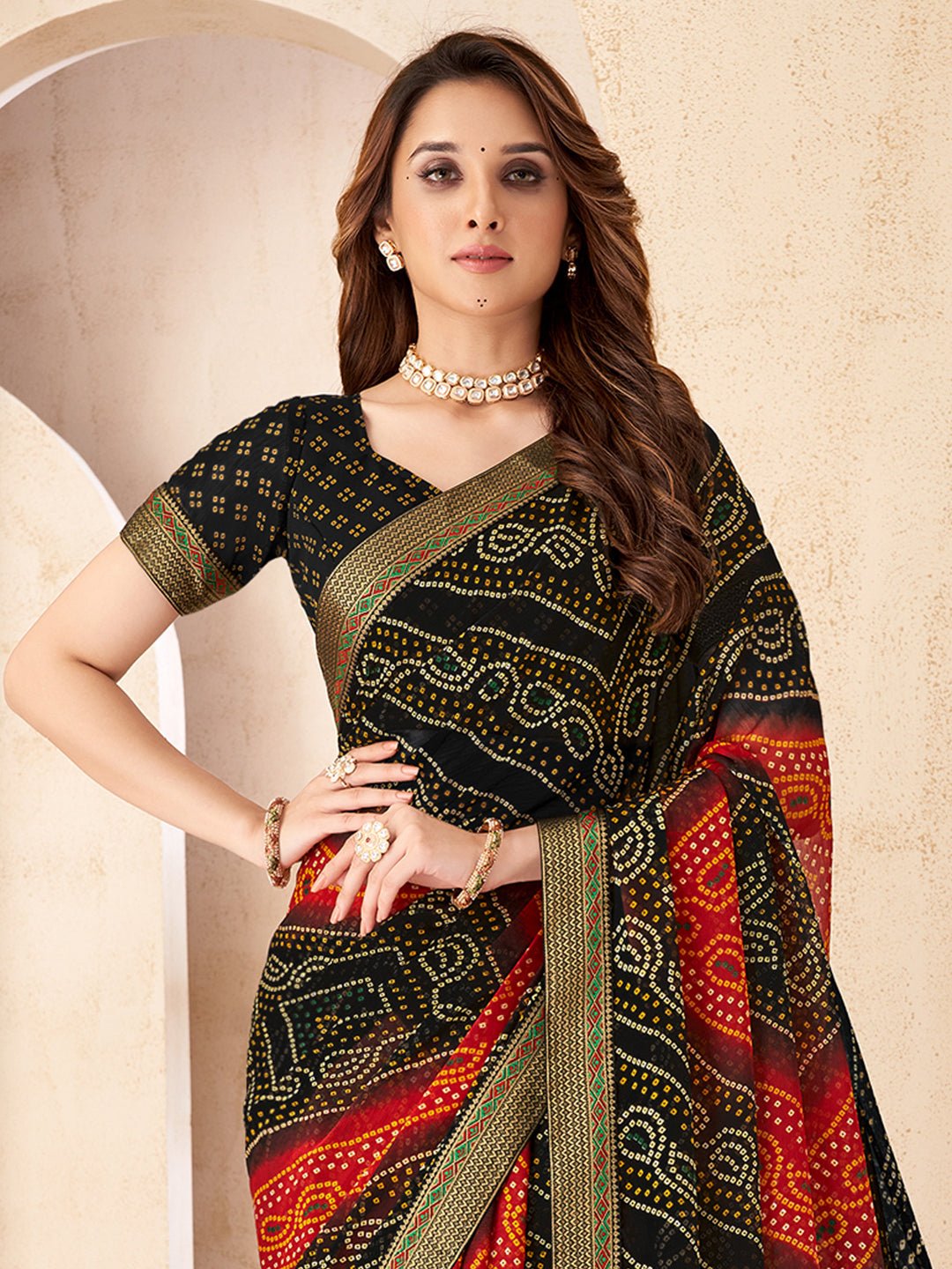 Black & Red Georgette Bandhani Saree - Ressa