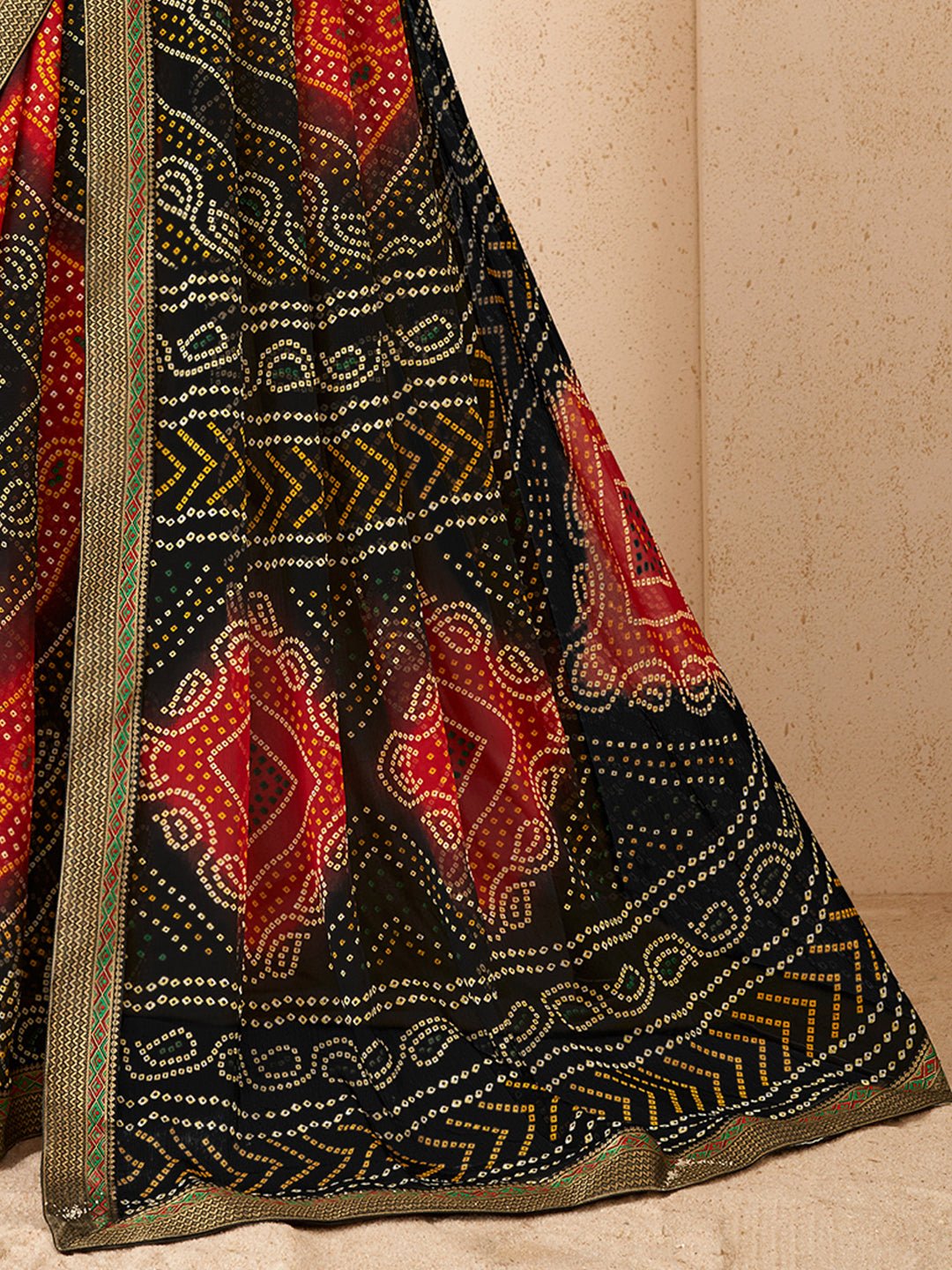 Black & Red Georgette Bandhani Saree - Ressa