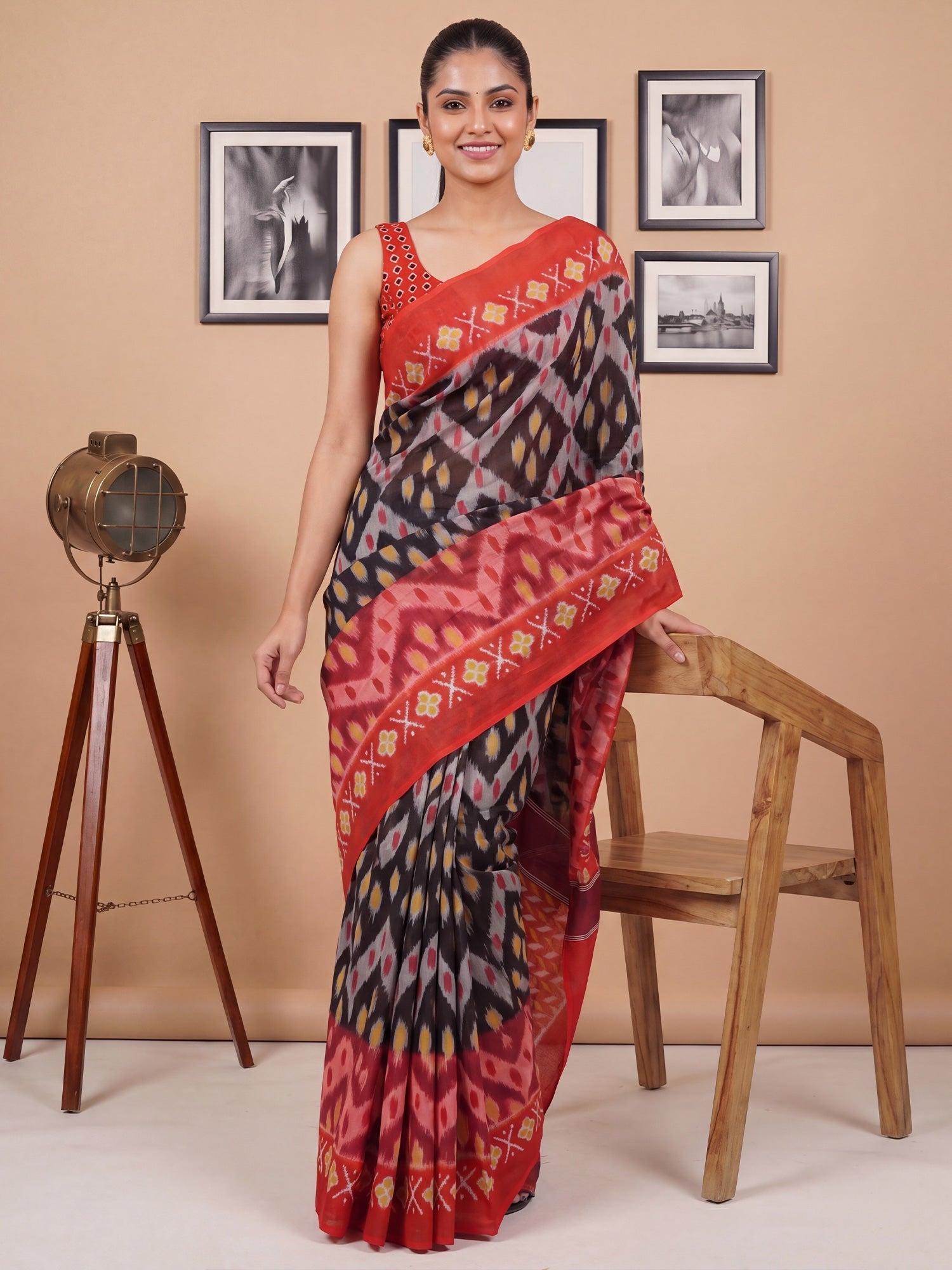 Black & Red Saree Ikat Print Cotton Saree - Ressa