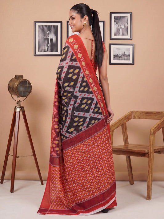 Black & Red Saree Ikat Print Cotton Saree - Ressa
