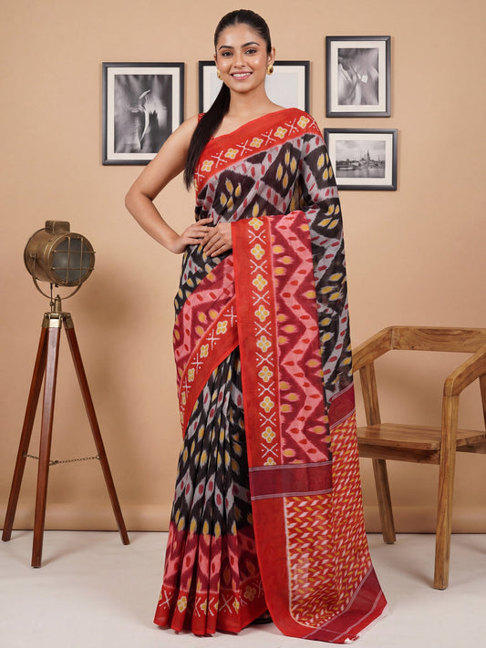 Black & Red Saree Ikat Print Cotton Saree - Ressa