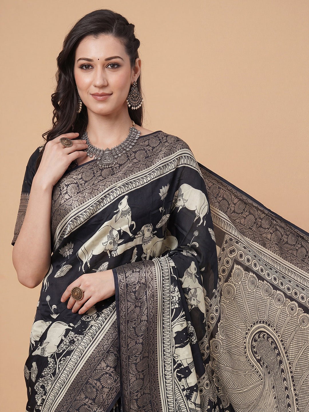 Black saree viscose with printed pattern - Ressa