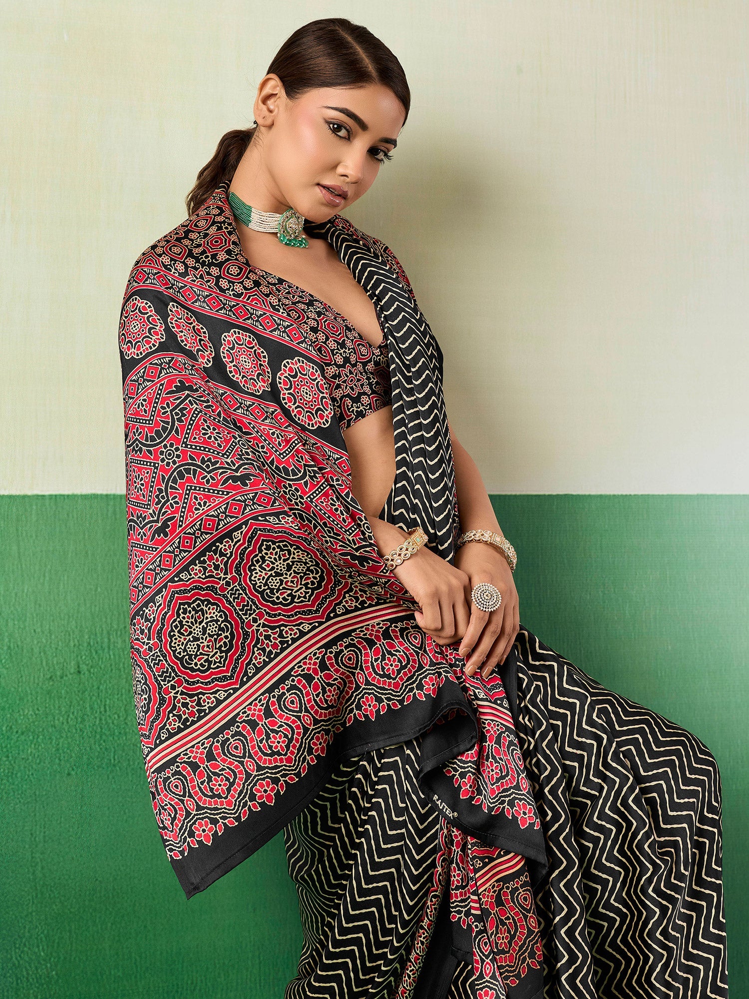 Black Satin Ajrakh Print Saree - Ressa