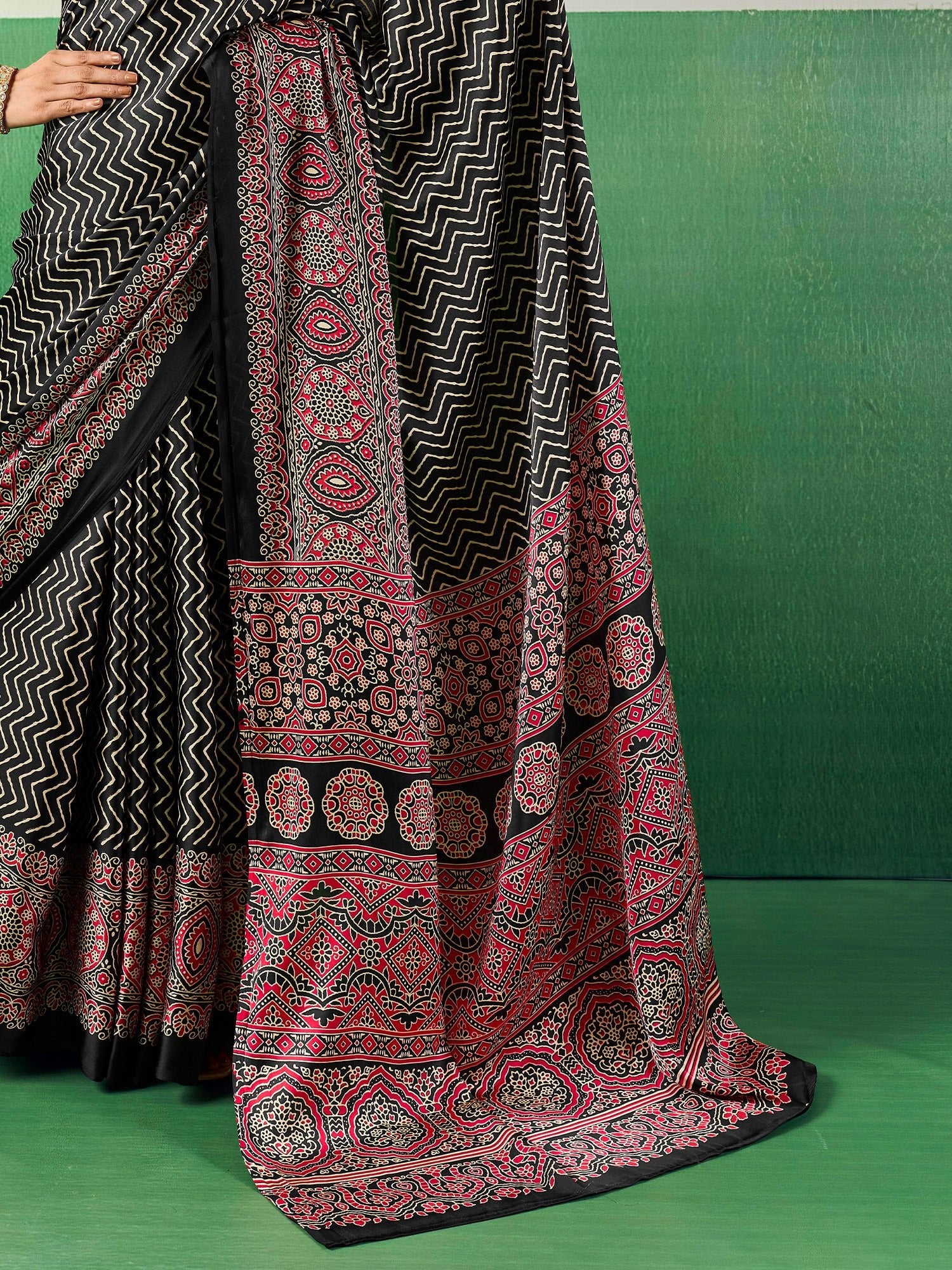 Black Satin Ajrakh Print Saree - Ressa