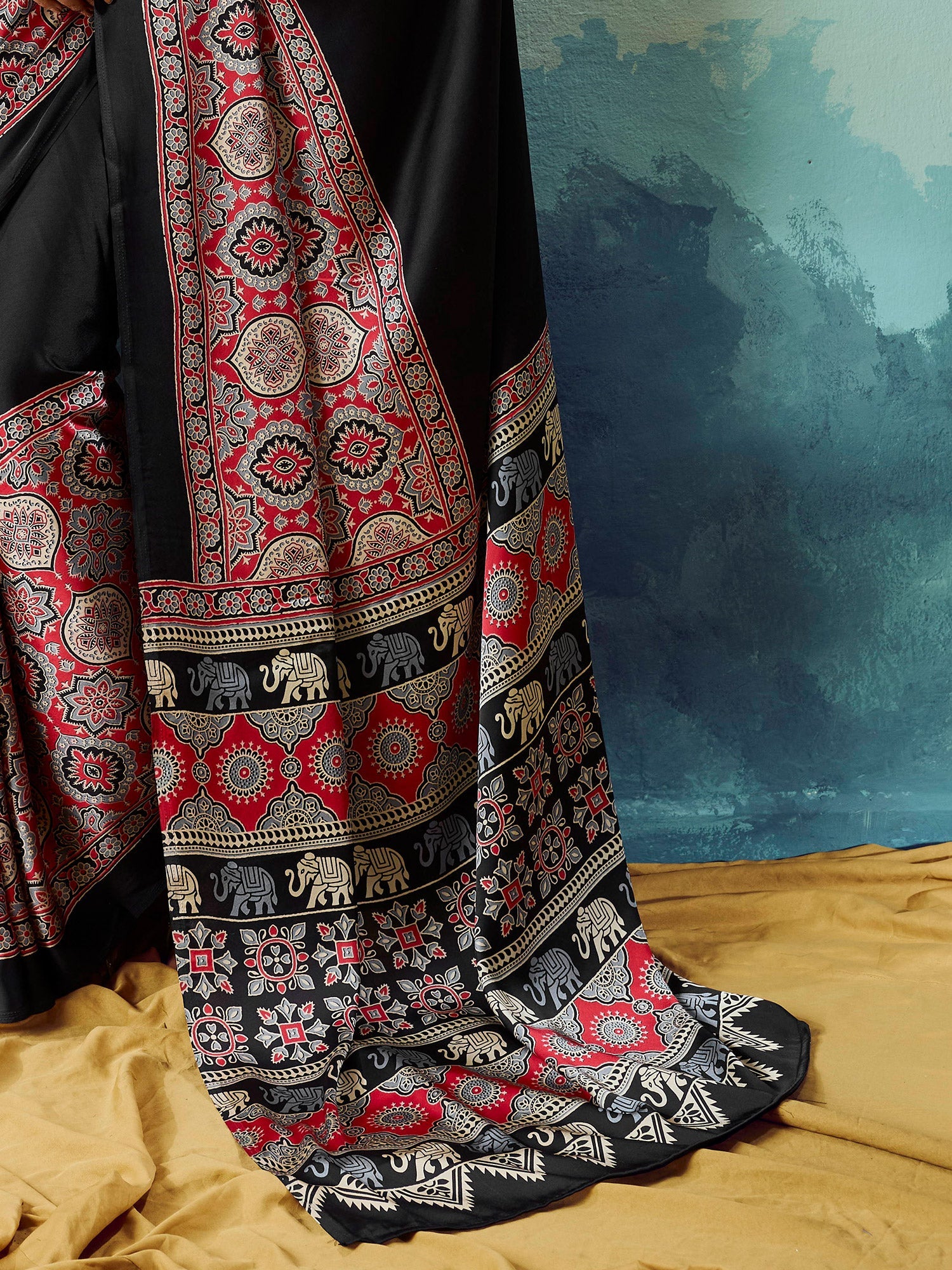 Black Satin Ajrakh Printed Saree - Ressa