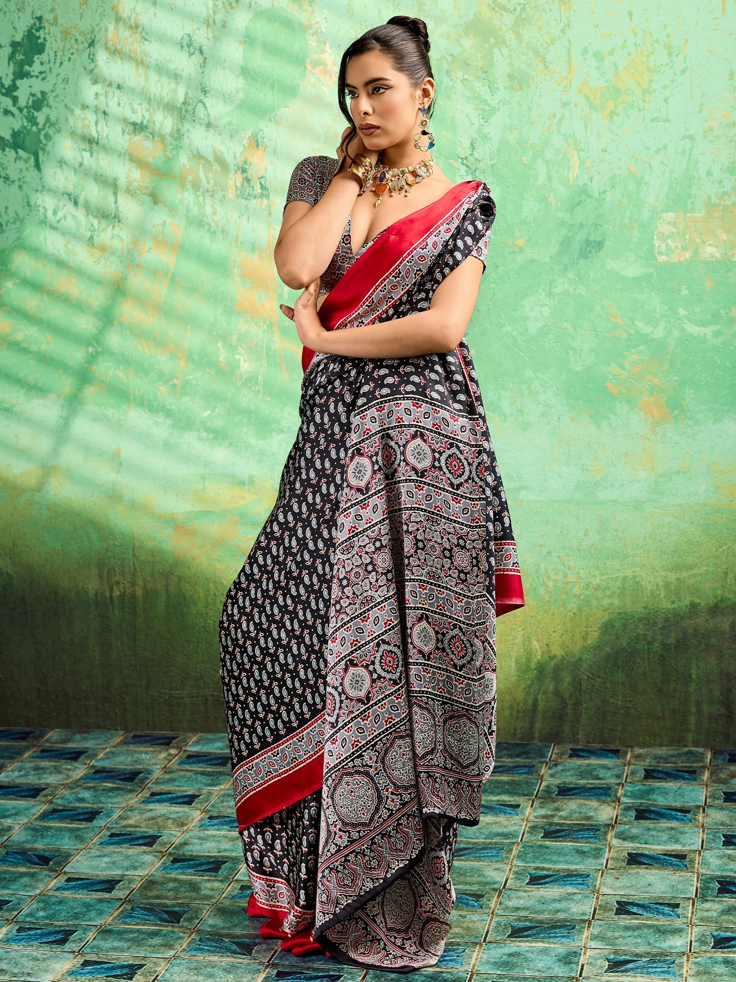 Black Satin Ajrakh Printed Saree - Ressa