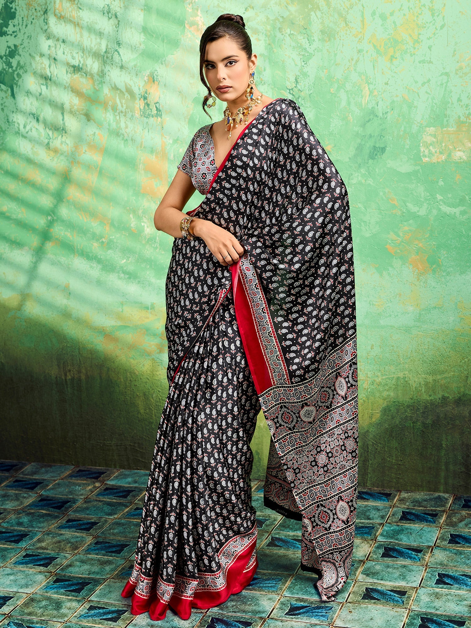 Black Satin Ajrakh Printed Saree - Ressa
