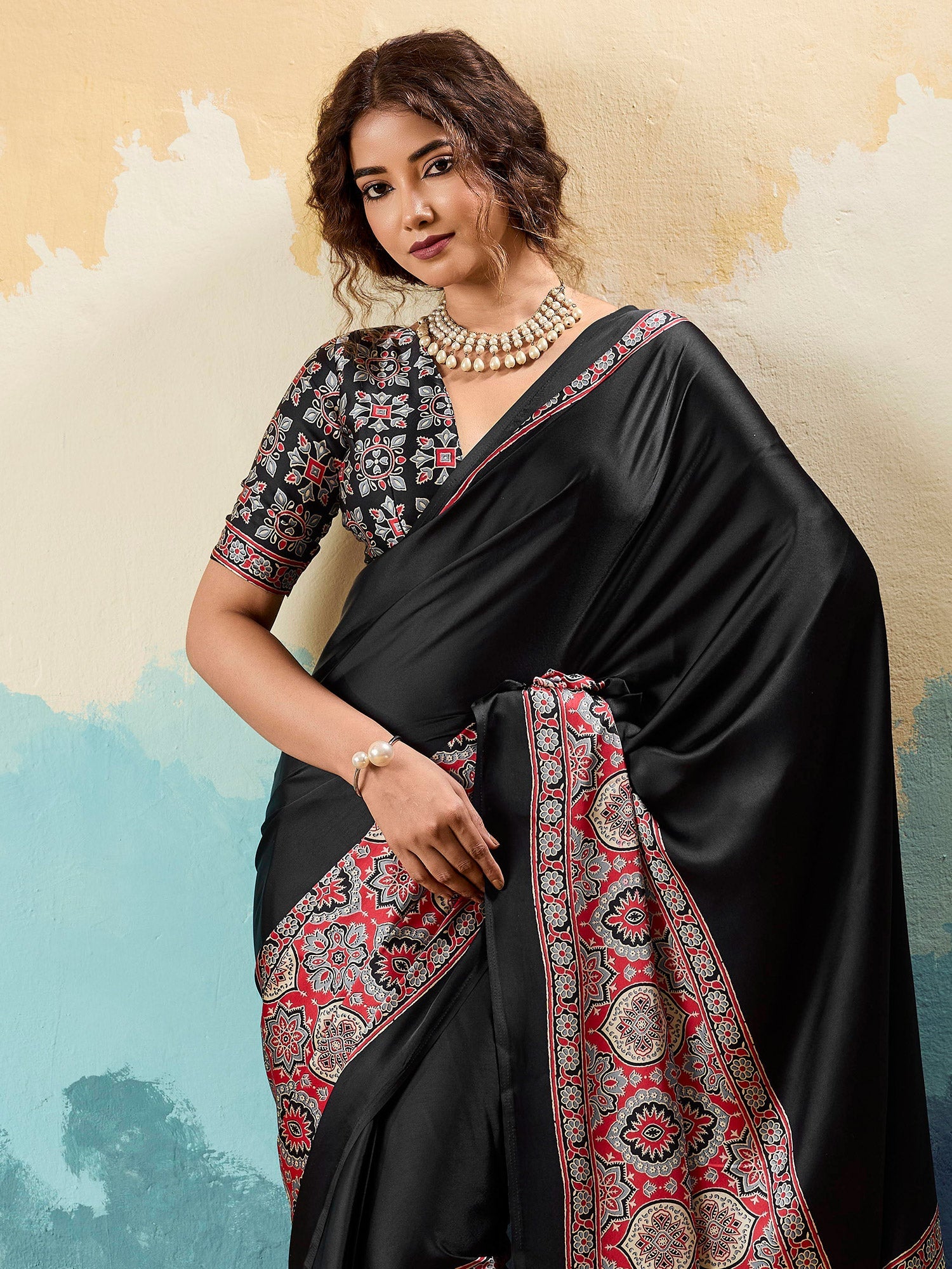 Black Satin Ajrakh Printed Saree - Ressa