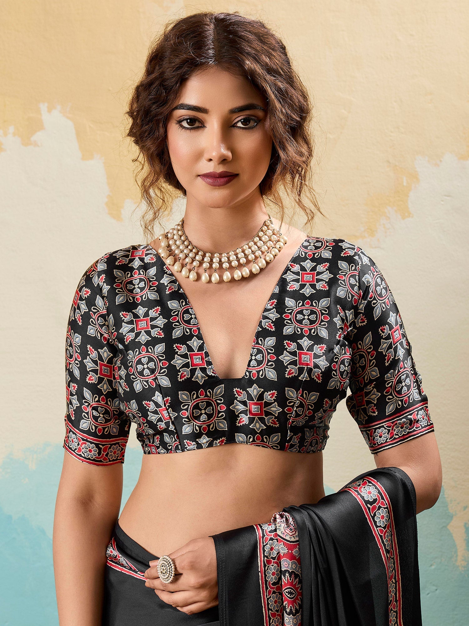 Black Satin Ajrakh Printed Saree - Ressa