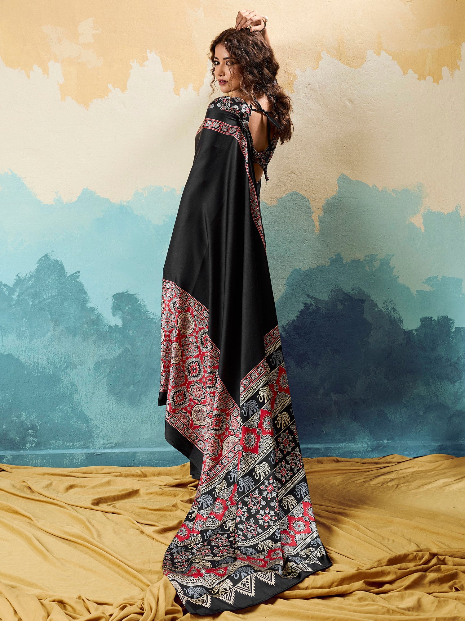 Black Satin Ajrakh Printed Saree - Ressa