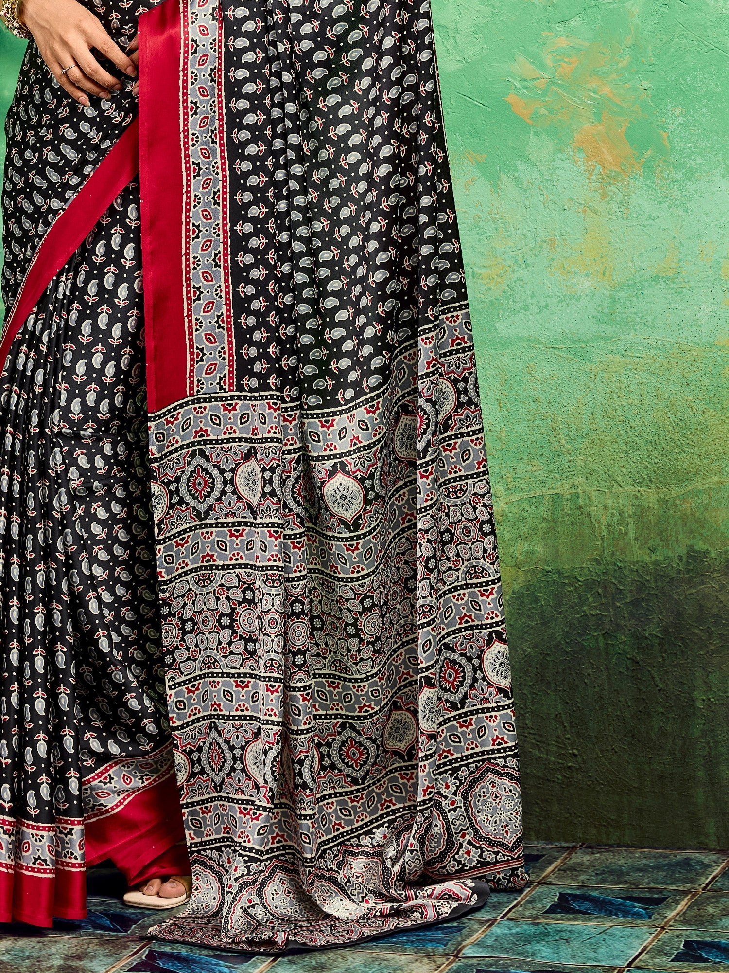 Black Satin Ajrakh Printed Saree - Ressa
