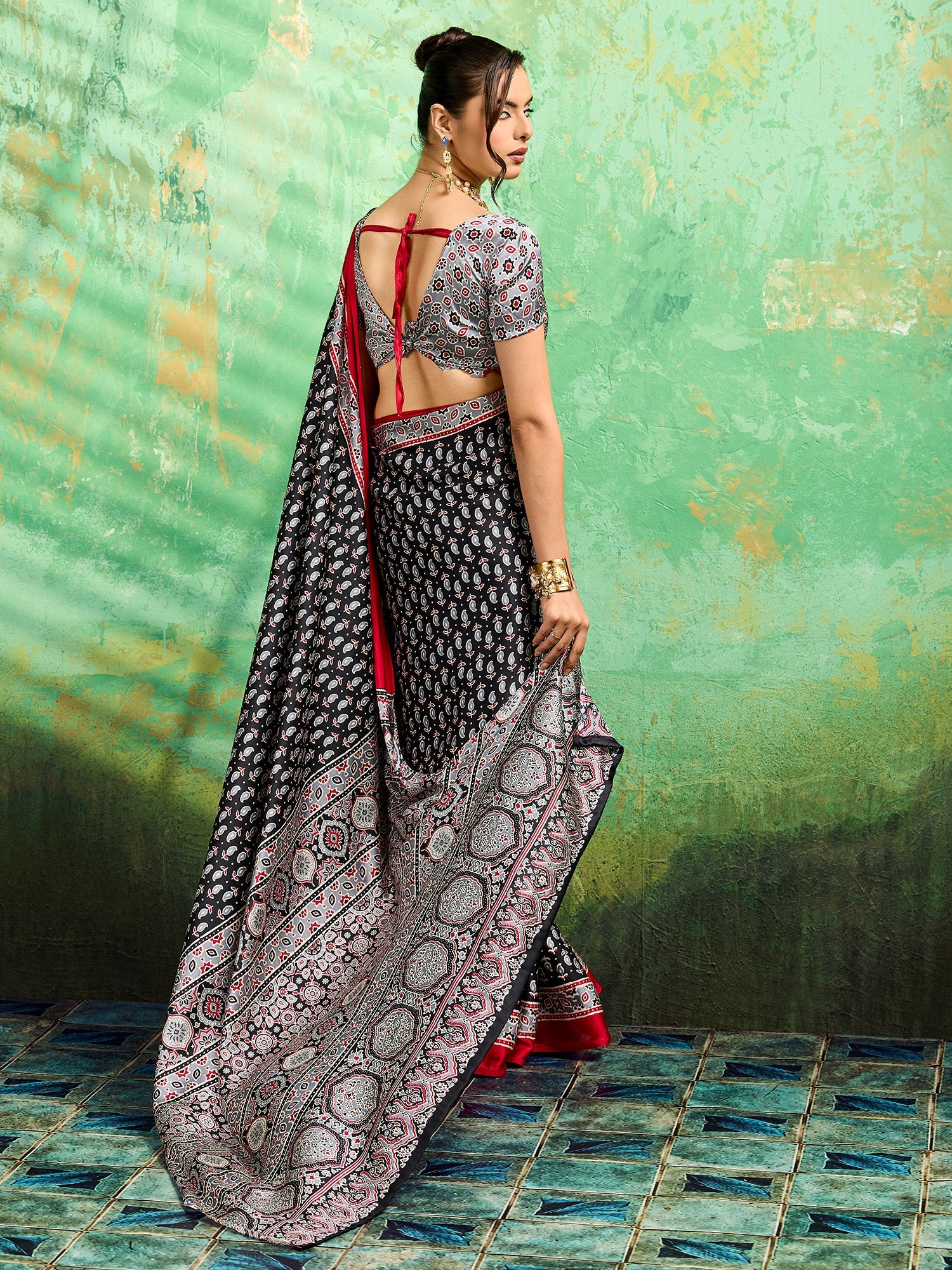 Black Satin Ajrakh Printed Saree - Ressa