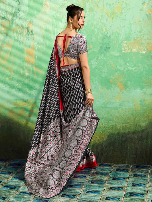 Black Satin Ajrakh Printed Saree - Ressa