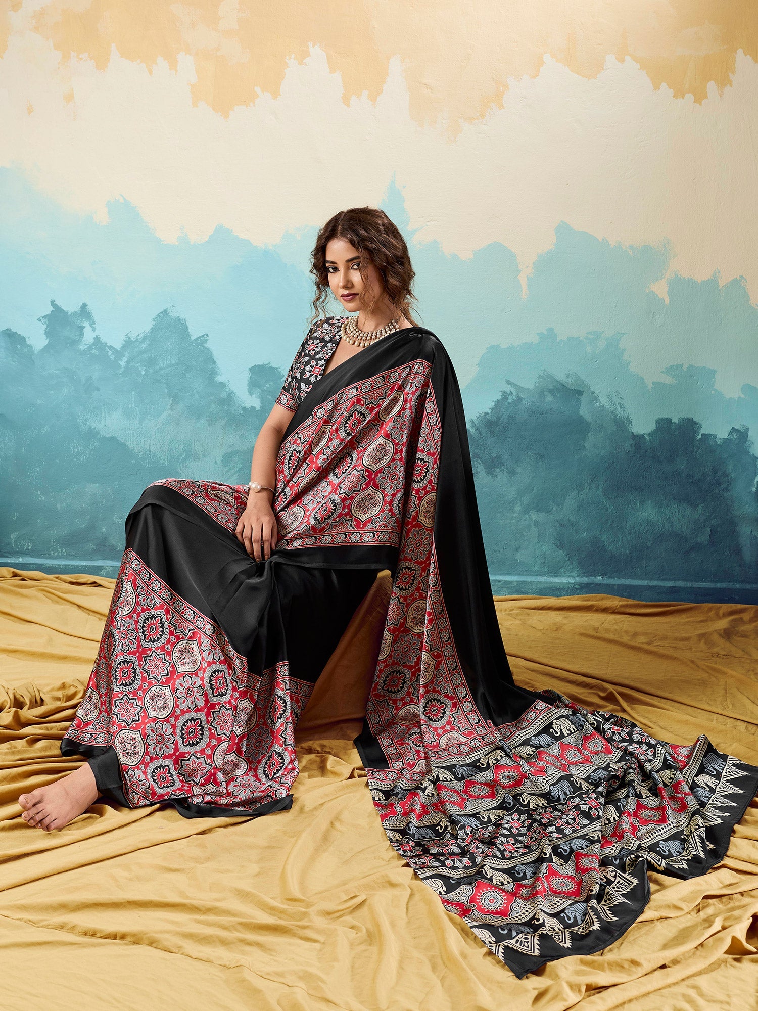 Black Satin Ajrakh Printed Saree - Ressa