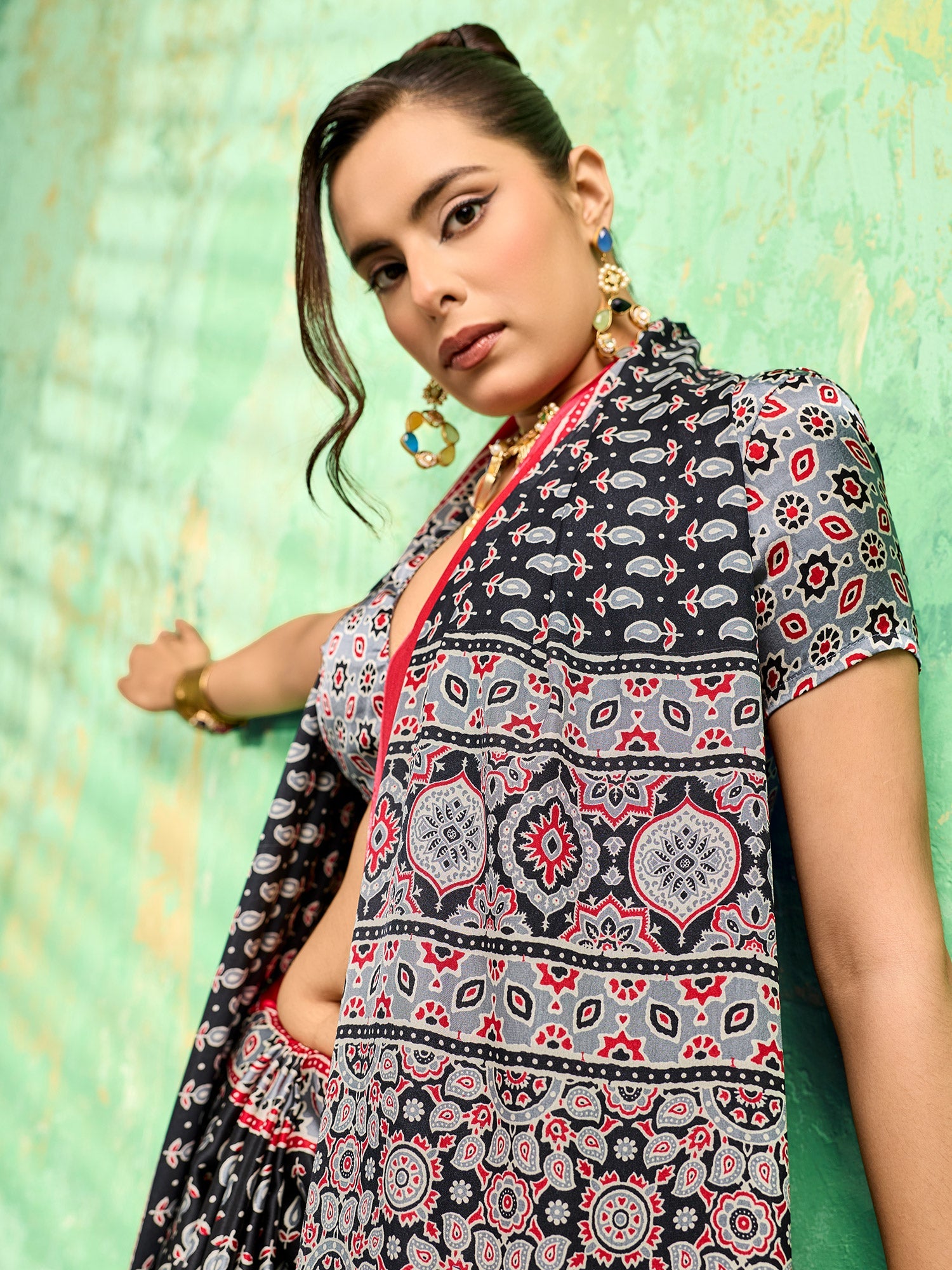 Black Satin Ajrakh Printed Saree - Ressa