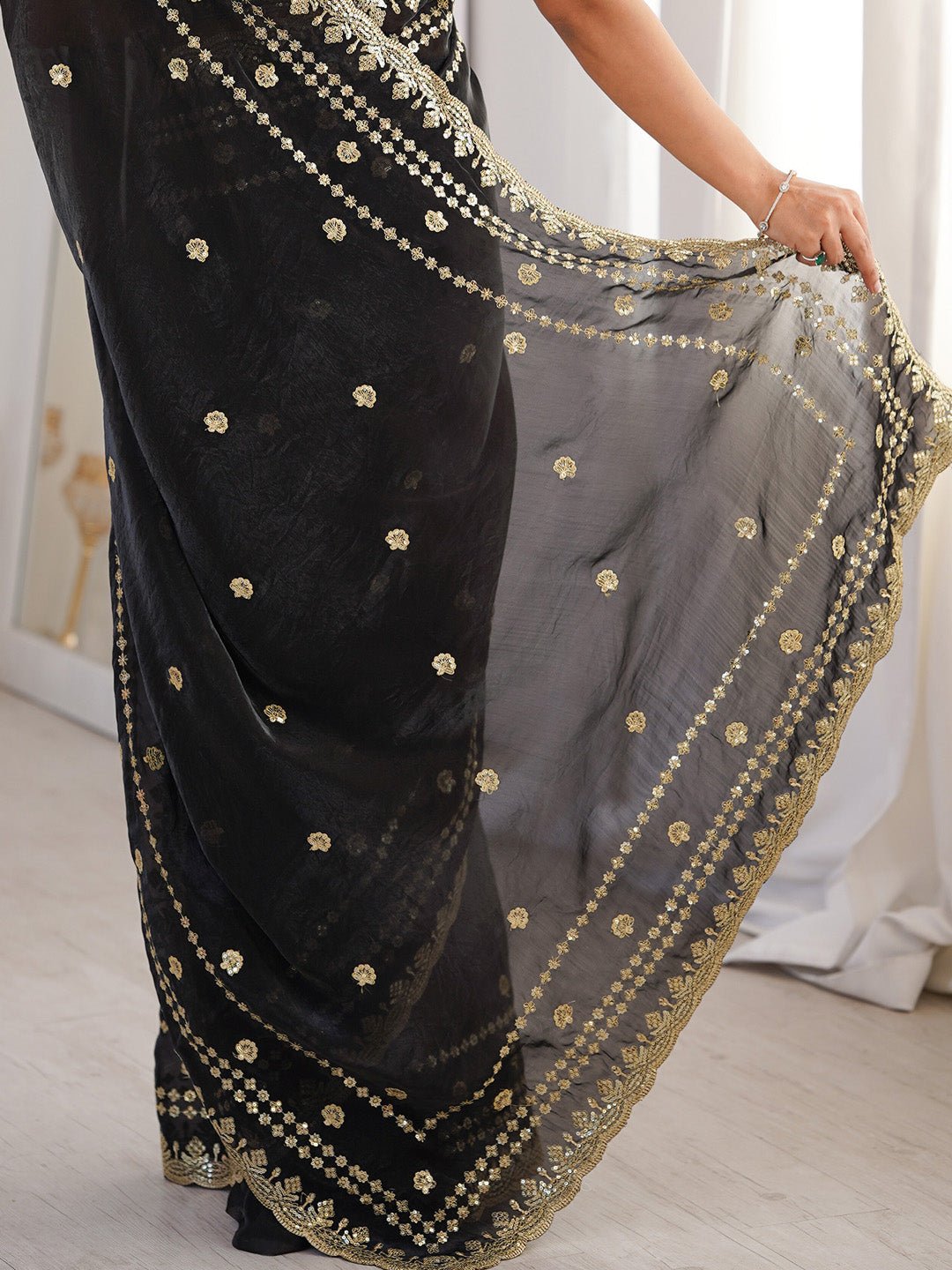Black Satin Emblished Party Wear Saree - Ressa
