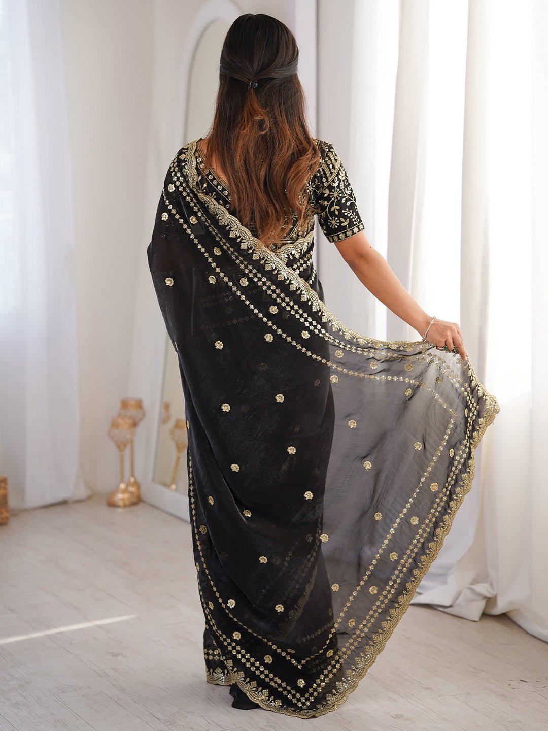 Black Satin Emblished Party Wear Saree - Ressa