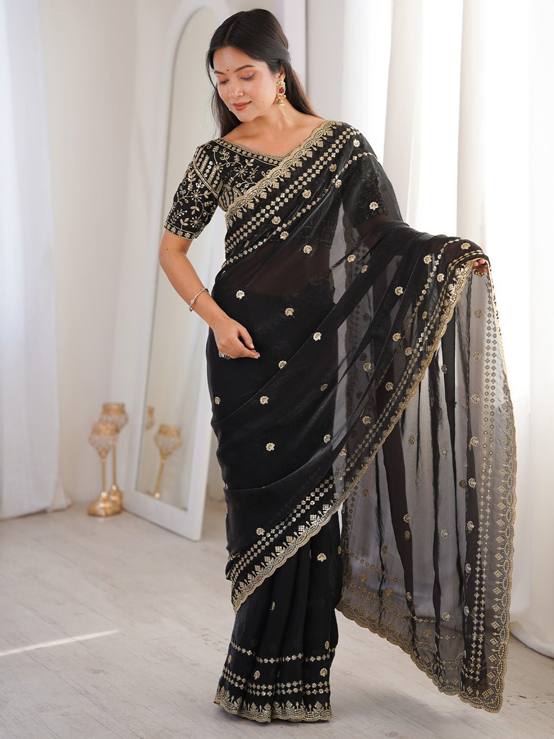 Black Satin Emblished Party Wear Saree - Ressa